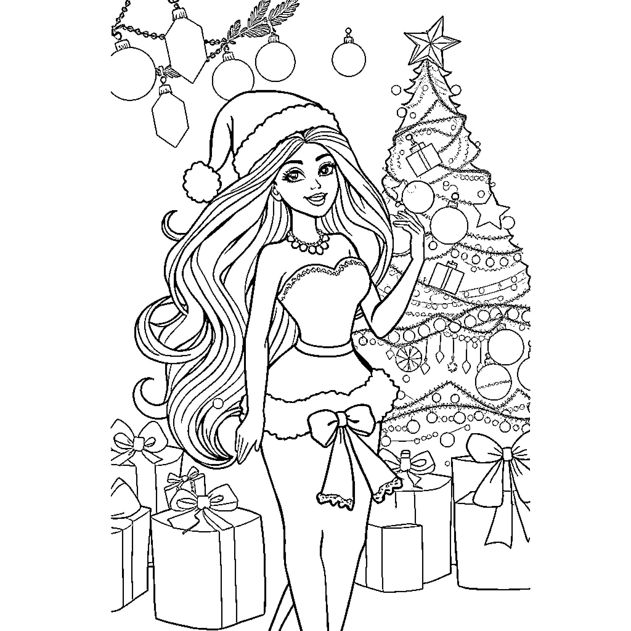 Barbie decorating the Christmas tree Coloring Page (free black-and-white line drawing printable PDF for all, from beginners to advanced learners, including children, teens, adults, and seniors)