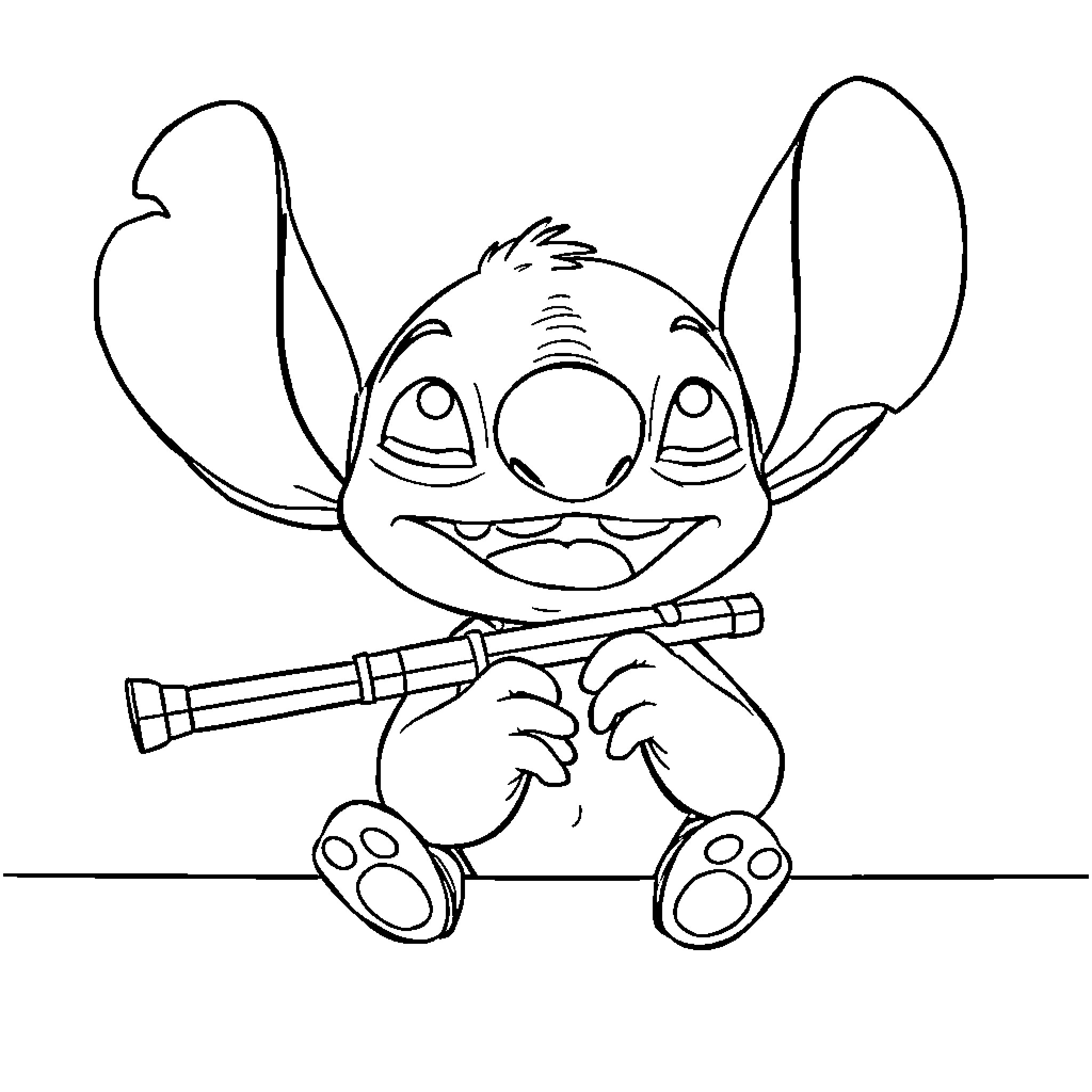 Stitch playing with a telescope Coloring Page (free black-and-white line drawing printable PDF for all, from beginners to advanced learners, including children, teens, adults, and seniors)