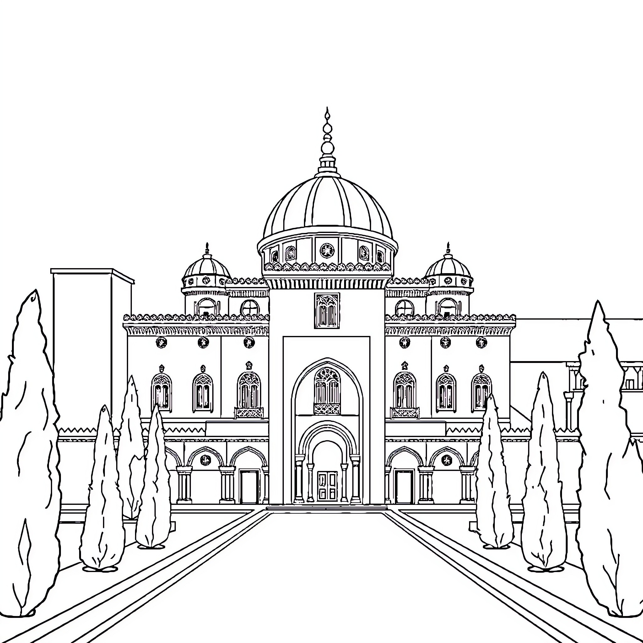 Alhambra Palace in architectural elegance Coloring Page (free black-and-white line drawing printable PDF for all, from beginners to advanced learners, including children, teens, adults, and seniors)