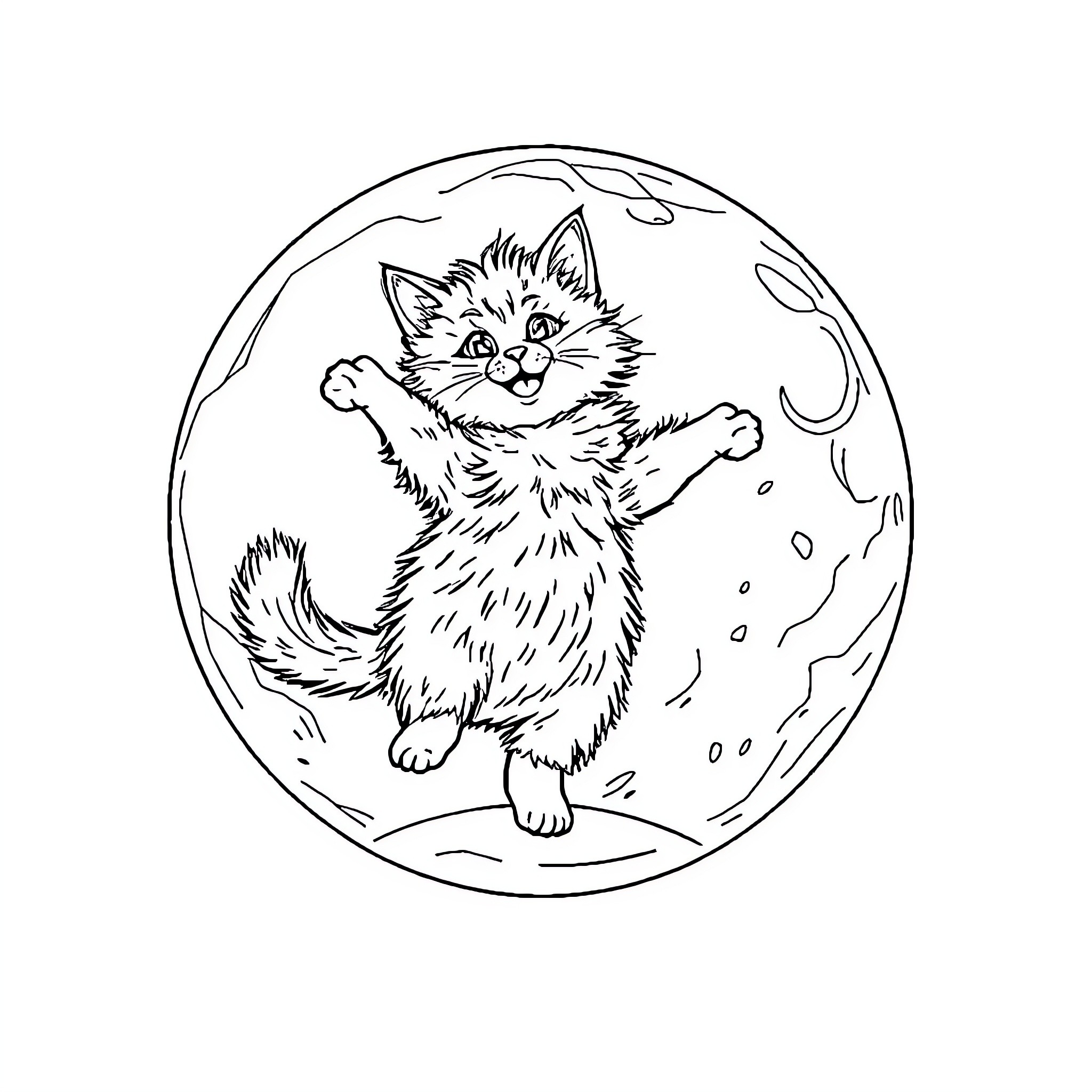 Cat playing under the moon Coloring Page (free black-and-white line drawing printable PDF for all, from beginners to advanced learners, including children, teens, adults, and seniors)