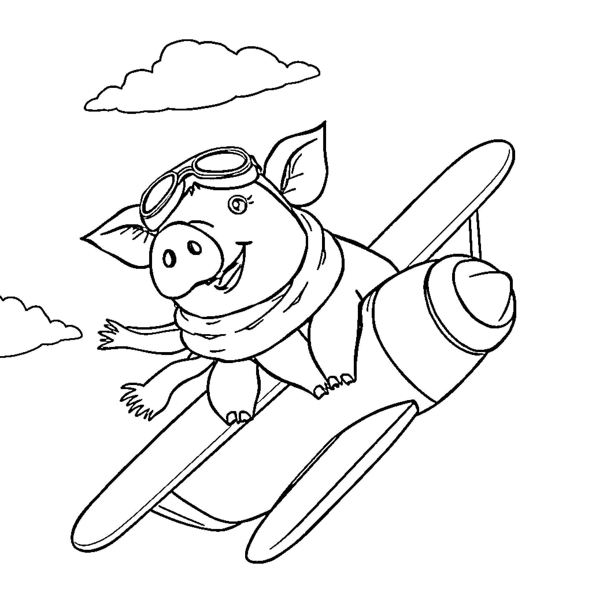Pig flying an airplane with goggles Coloring Page (free black-and-white line drawing printable PDF for all, from beginners to advanced learners, including children, teens, adults, and seniors)