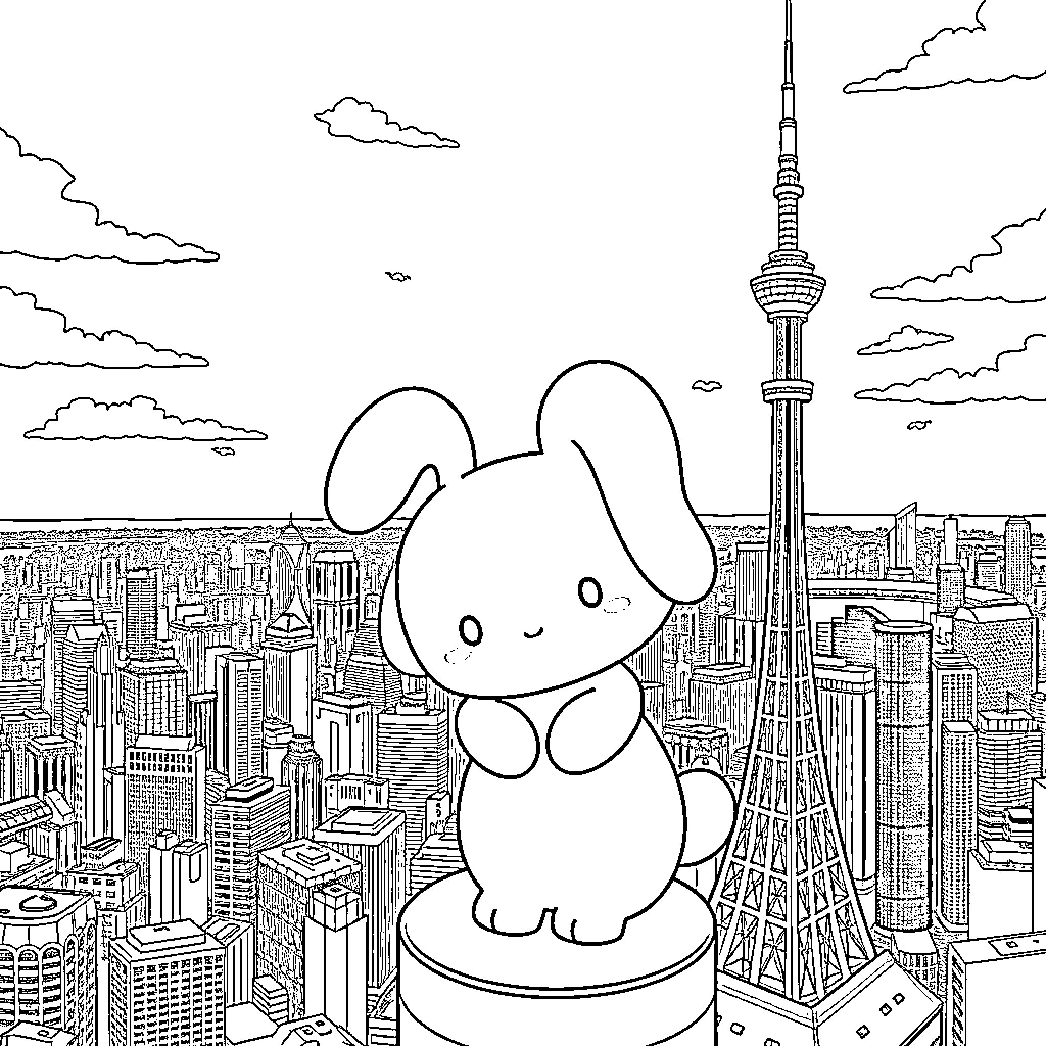Cinnamoroll overlooking the city skyline Coloring Page (free black-and-white line drawing printable PDF for all, from beginners to advanced learners, including children, teens, adults, and seniors)