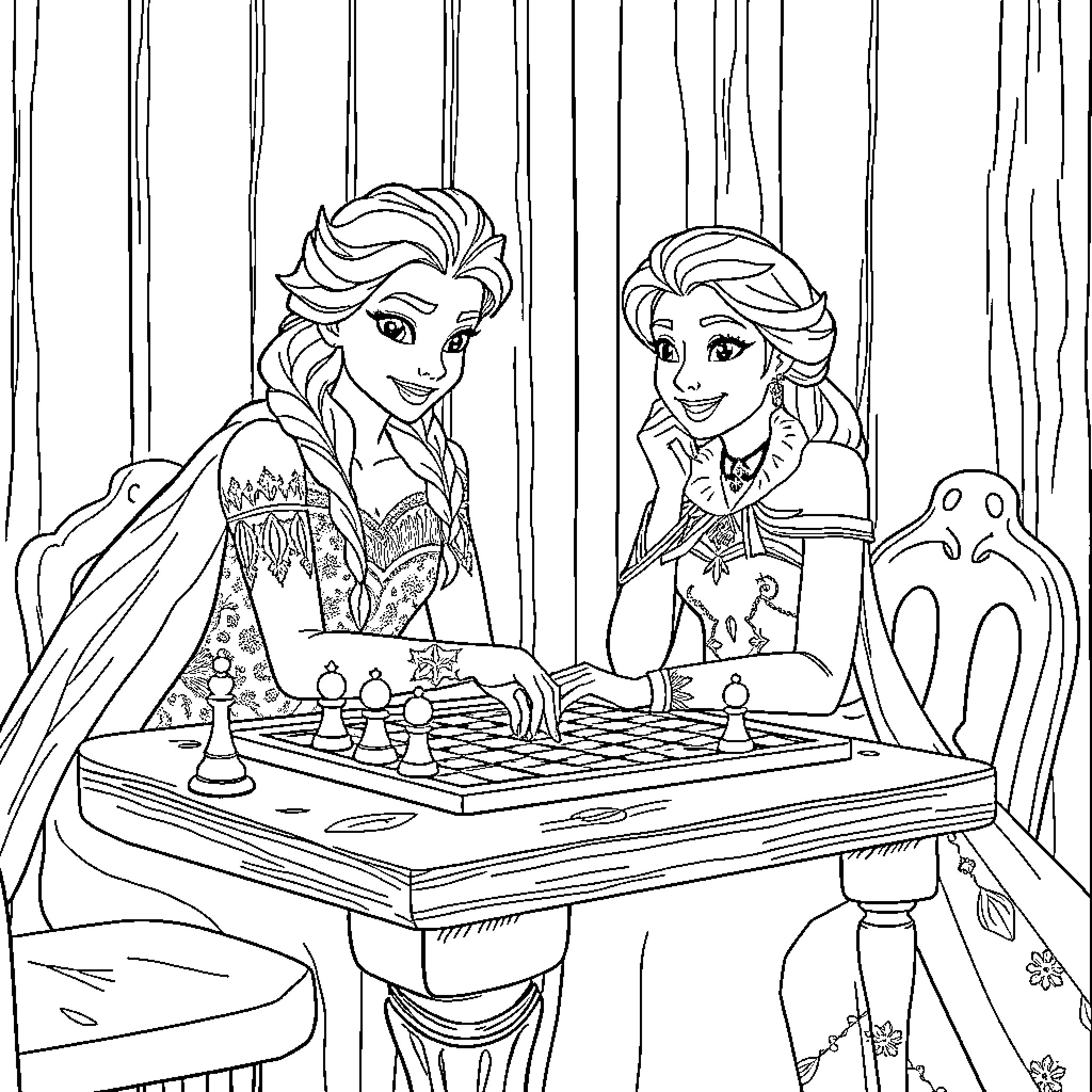 Queen Sisters Engaged in a Chess Match Coloring Page (free black-and-white line drawing printable PDF for all, from beginners to advanced learners, including children, teens, adults, and seniors)
