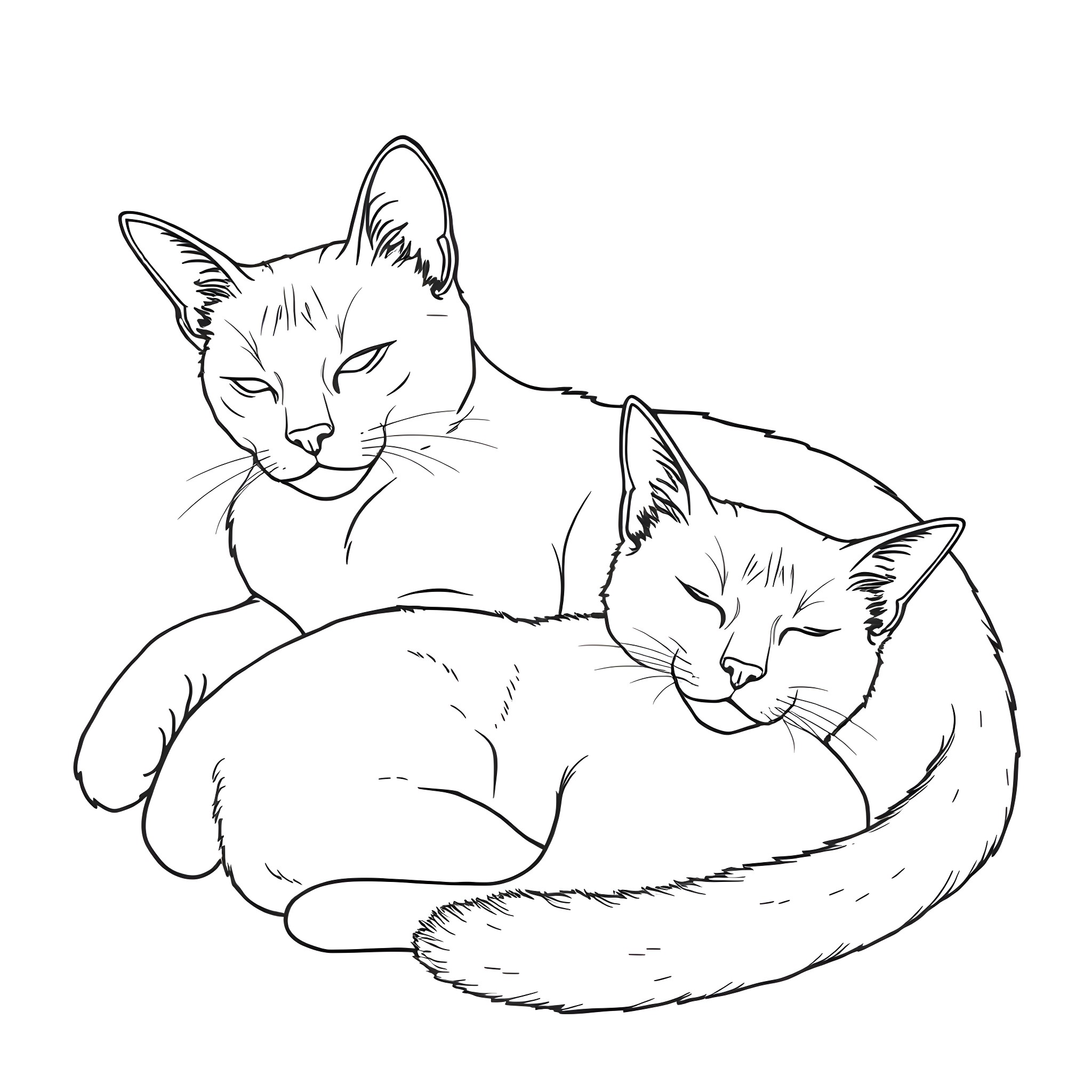 Siamese Cats Relaxing Together Coloring Page (free black-and-white line drawing printable PDF for all, from beginners to advanced learners, including children, teens, adults, and seniors)