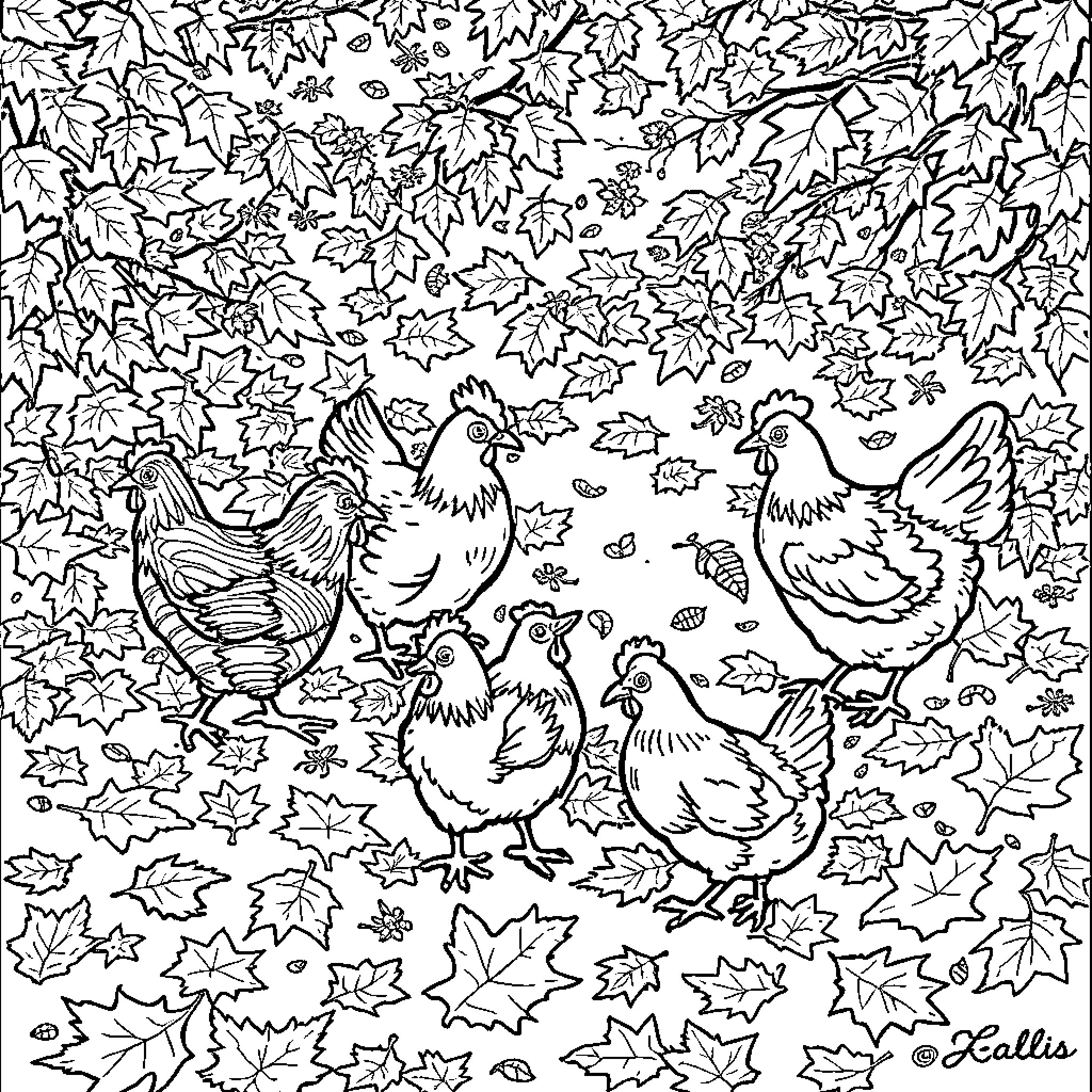 Chicken family exploring autumn leaves Coloring Page (free black-and-white line drawing printable PDF for all, from beginners to advanced learners, including children, teens, adults, and seniors)