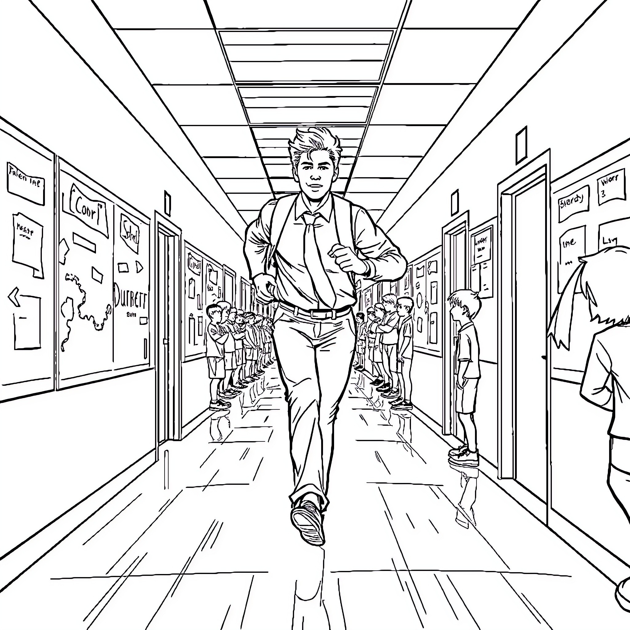 Man walking confidently down school hallway Coloring Page (free black-and-white line drawing printable PDF for all, from beginners to advanced learners, including children, teens, adults, and seniors)