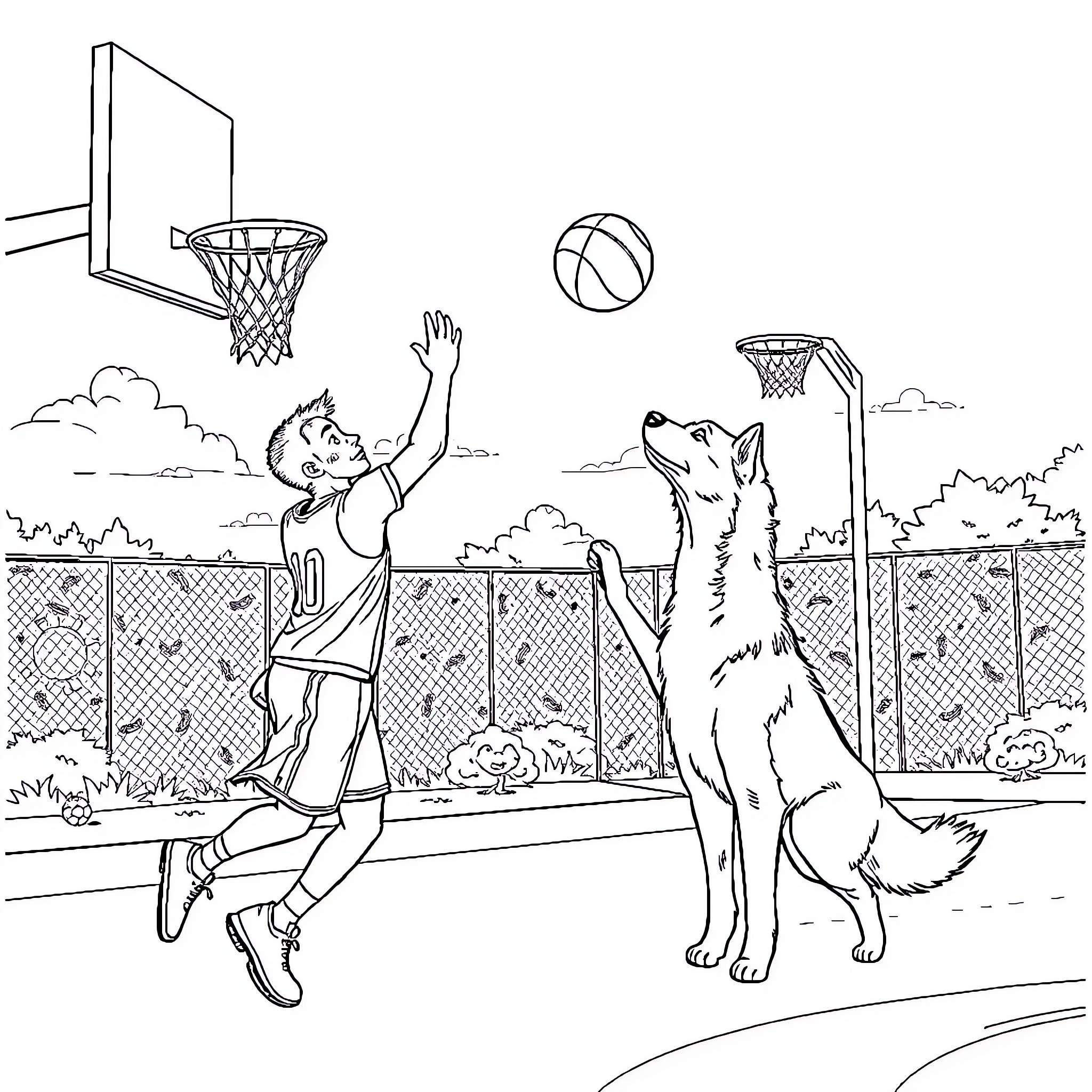 Steph Curry playing basketball with a dog Coloring Page (free black-and-white line drawing printable PDF for all, from beginners to advanced learners, including children, teens, adults, and seniors)