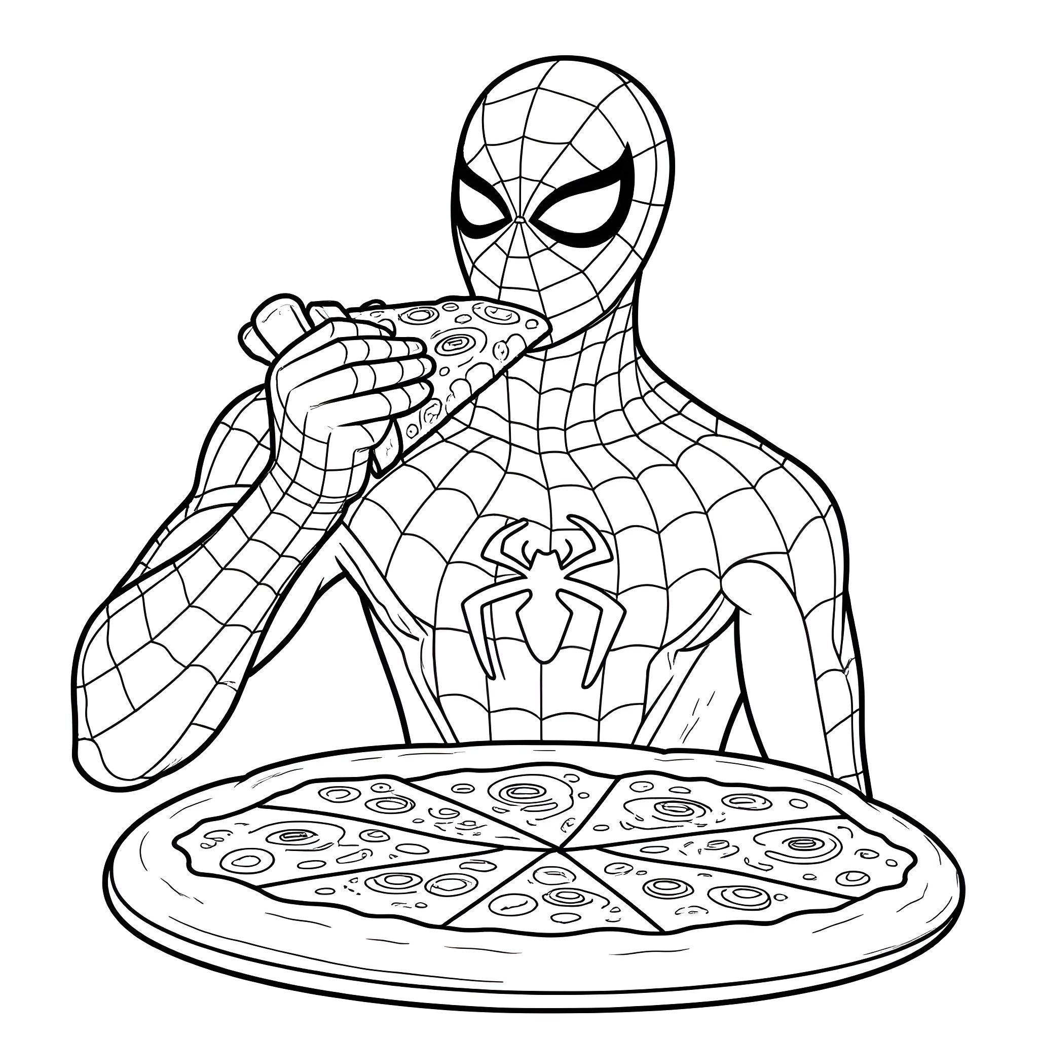 Spider-Man enjoying a pizza Coloring Page (free black-and-white line drawing printable PDF for all, from beginners to advanced learners, including children, teens, adults, and seniors)