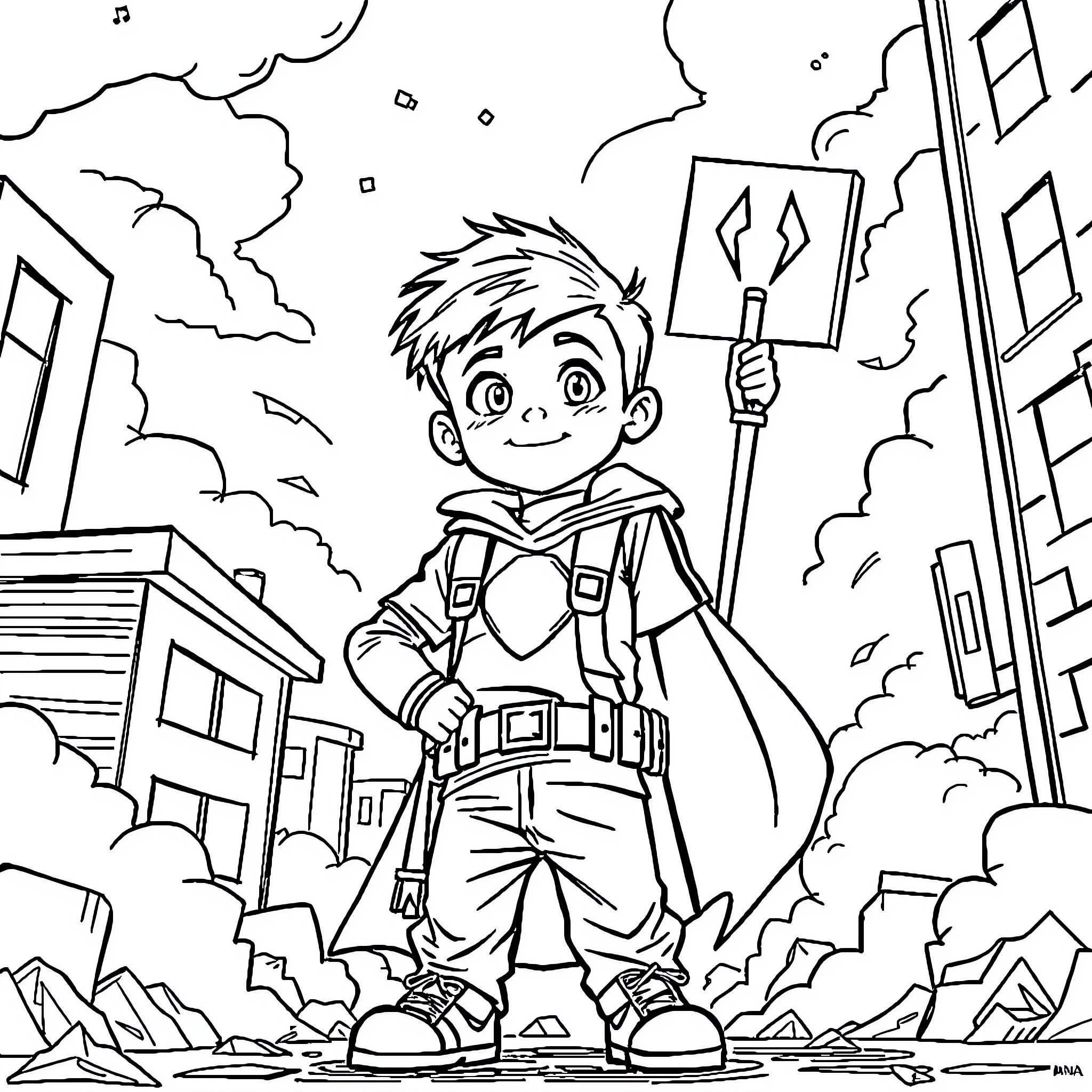 Kid heroically exploring the city Coloring Page (free black-and-white line drawing printable PDF for all, from beginners to advanced learners, including children, teens, adults, and seniors)