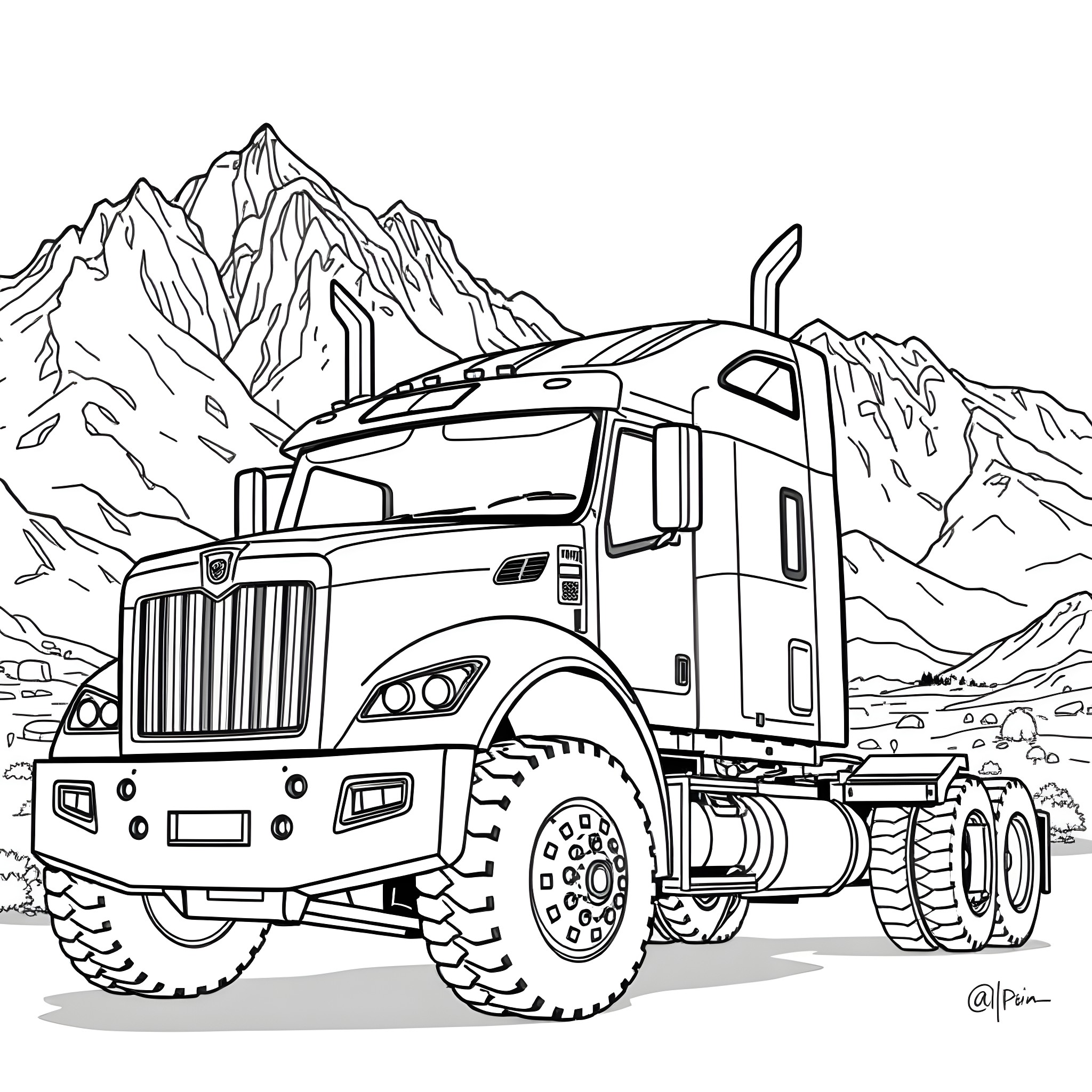 Ram truck driving through rugged mountain terrain Coloring Page (free black-and-white line drawing printable PDF for all, from beginners to advanced learners, including children, teens, adults, and seniors)