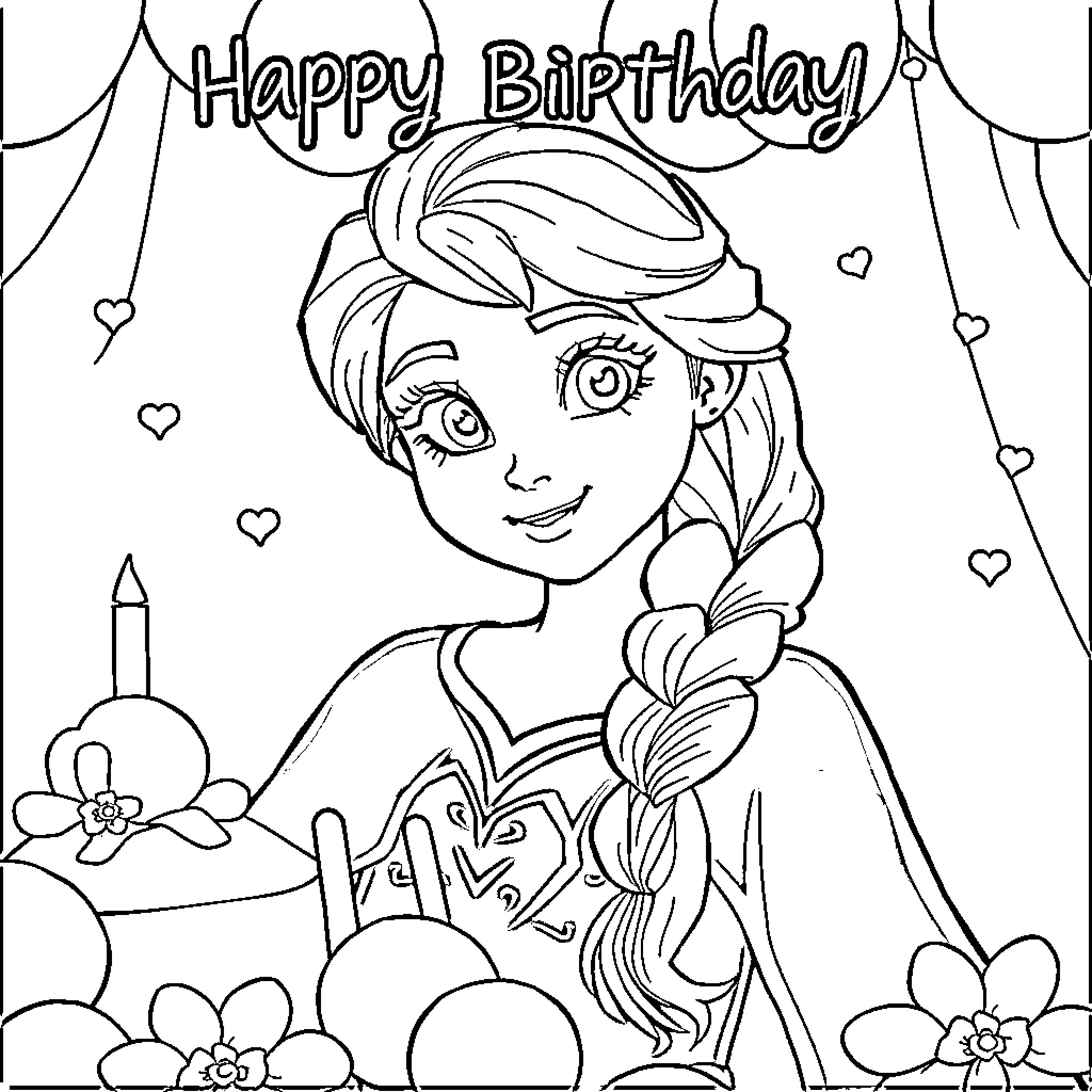 Frozen birthday celebration with flowers and hearts Coloring Page (free black-and-white line drawing printable PDF for all, from beginners to advanced learners, including children, teens, adults, and seniors)