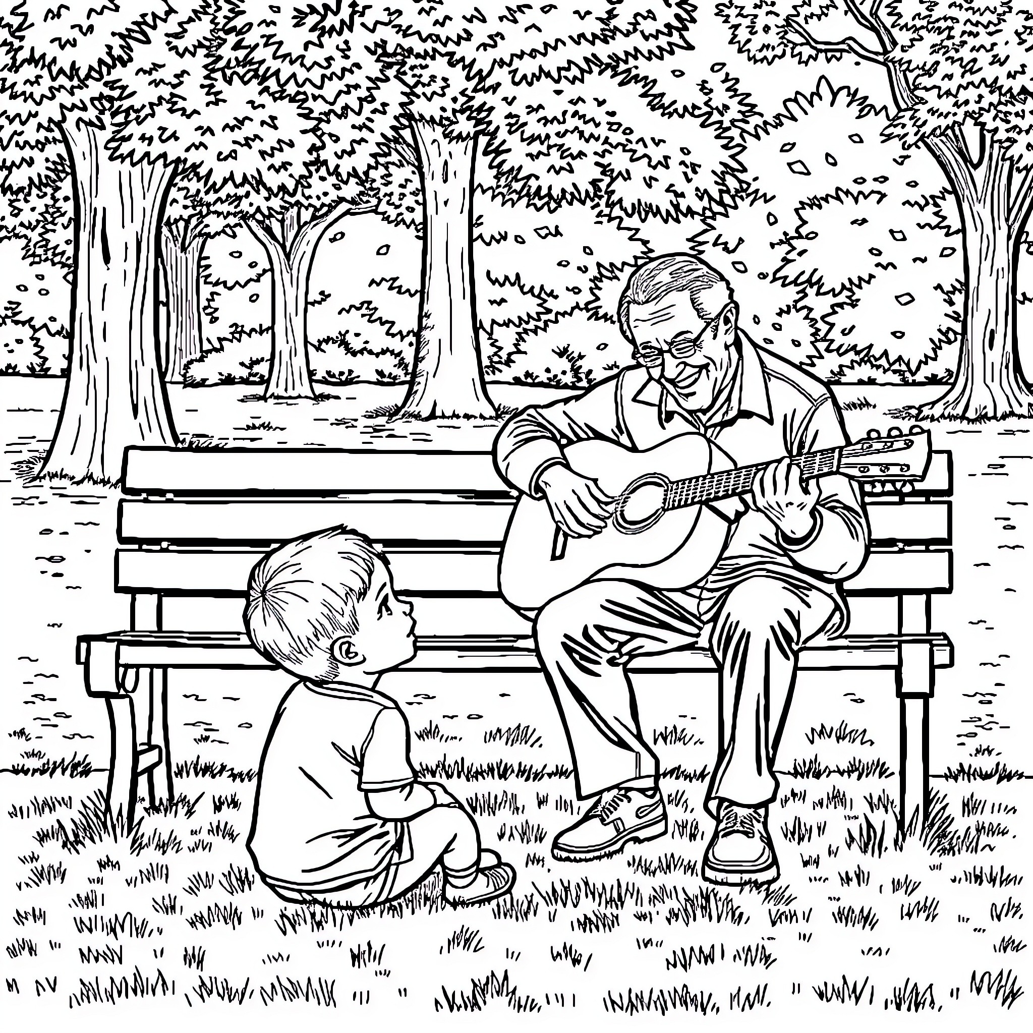 Grandfather playing guitar for child in the park Coloring Page (free black-and-white line drawing printable PDF for all, from beginners to advanced learners, including children, teens, adults, and seniors)