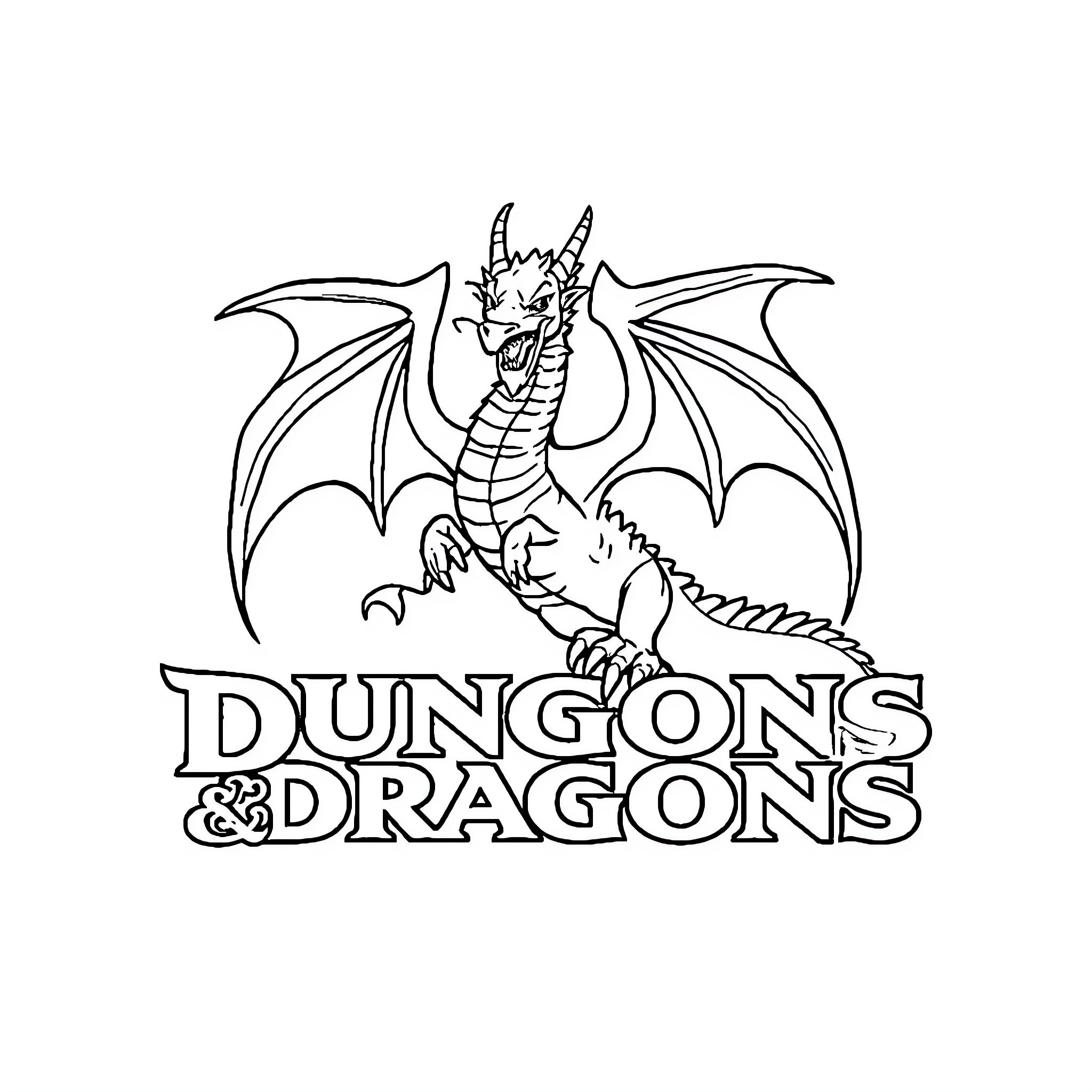 Dungeons and Dragons: Fierce Dragon Illustration Coloring Page (free black-and-white line drawing printable PDF for all, from beginners to advanced learners, including children, teens, adults, and seniors)