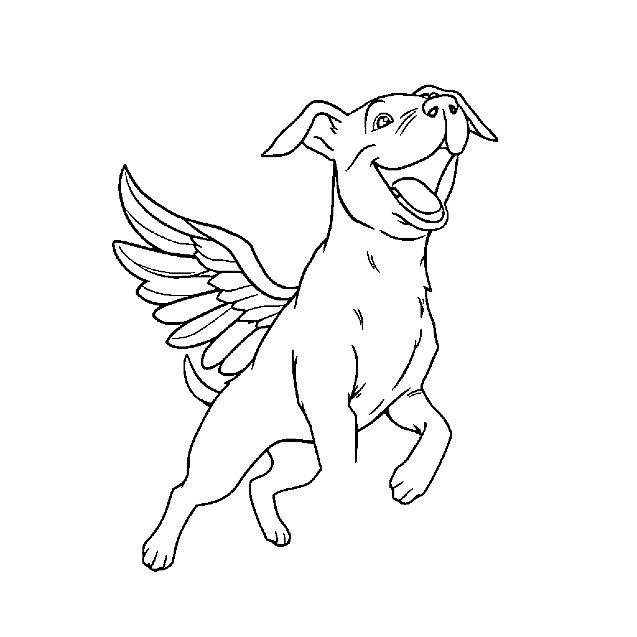 Winged Dog Flying with Excitement Coloring Page (free black-and-white line drawing printable PDF for all, from beginners to advanced learners, including children, teens, adults, and seniors)