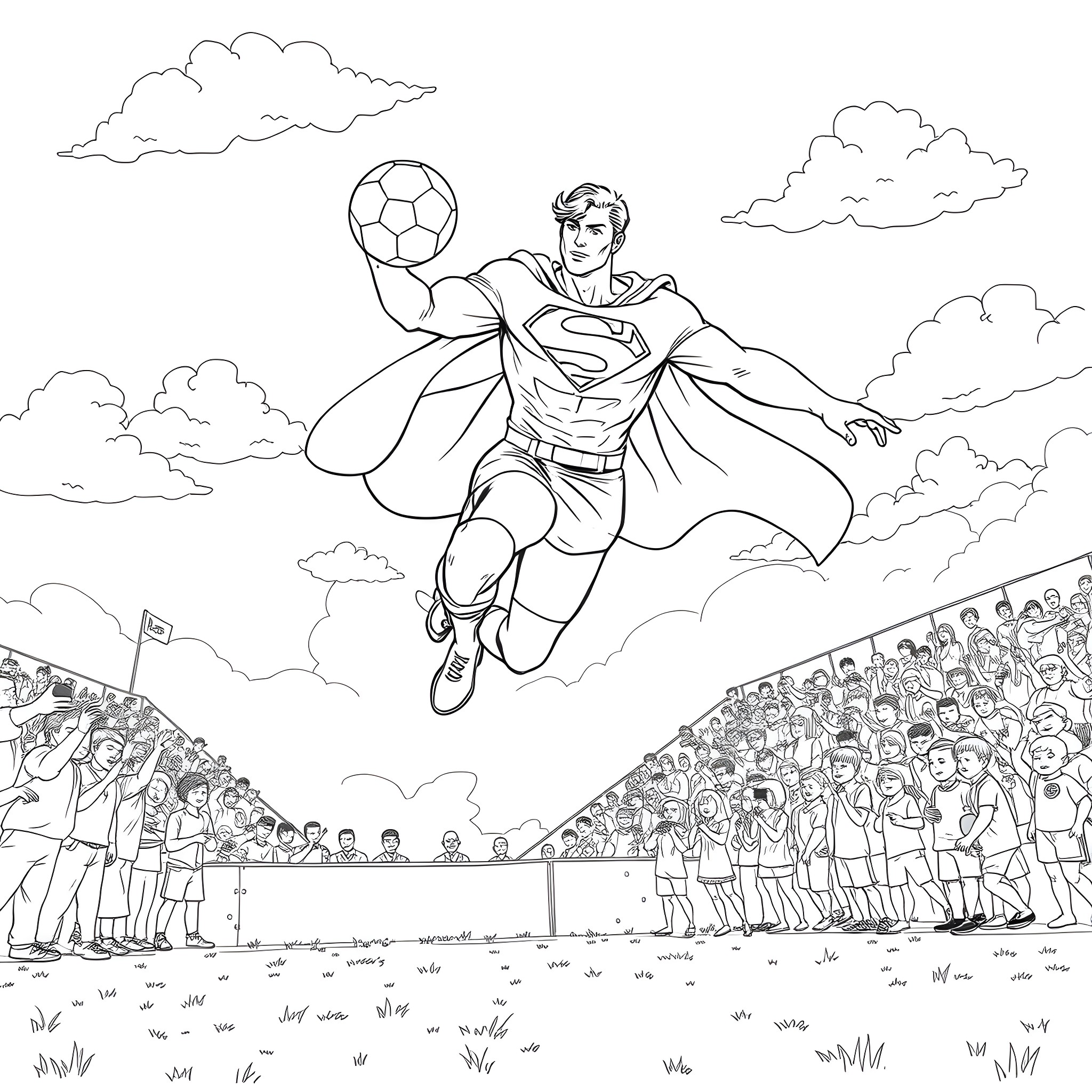 Superman soaring above the soccer field with crowd Coloring Page (free black-and-white line drawing printable PDF for all, from beginners to advanced learners, including children, teens, adults, and seniors)