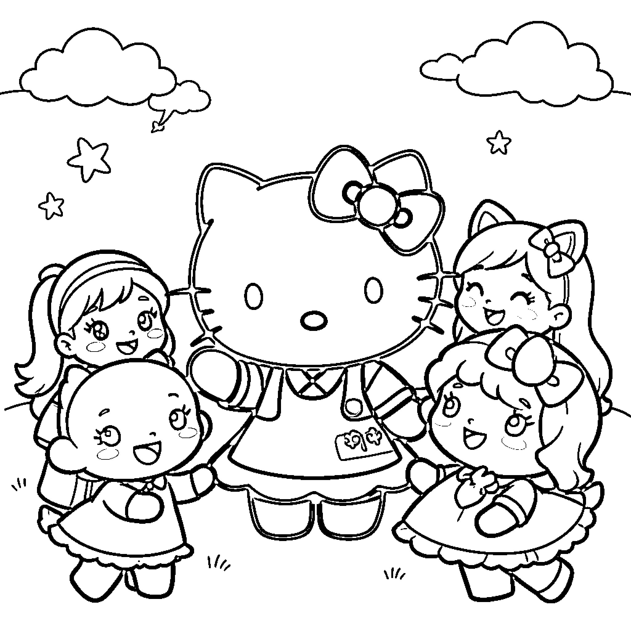 Hello Kitty playing with friends Coloring Page (free black-and-white line drawing printable PDF for all, from beginners to advanced learners, including children, teens, adults, and seniors)