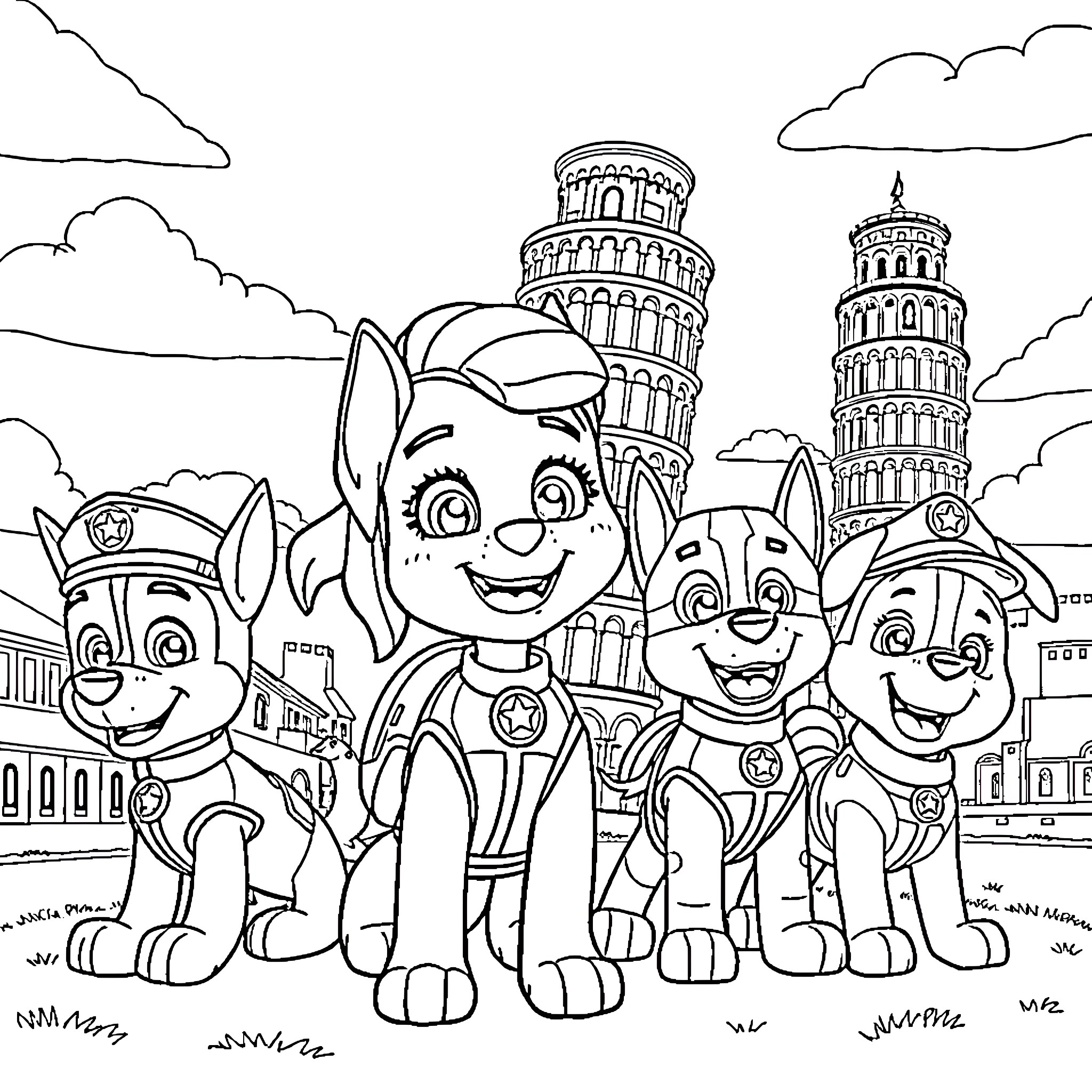Skye and the Paw Patrol team explore Italian landmarks Coloring Page (free black-and-white line drawing printable PDF for all, from beginners to advanced learners, including children, teens, adults, and seniors)