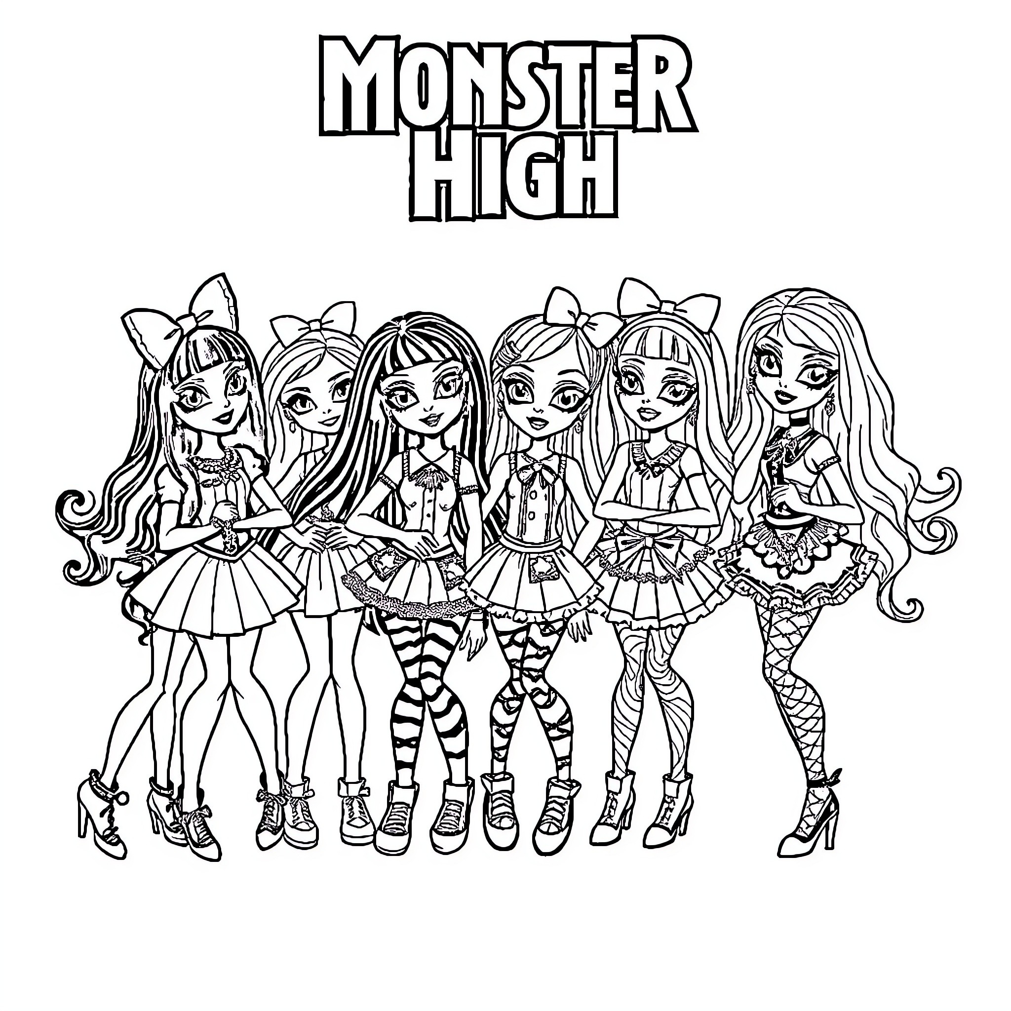 Monster High Group Posing Together Coloring Page (free black-and-white line drawing printable PDF for all, from beginners to advanced learners, including children, teens, adults, and seniors)