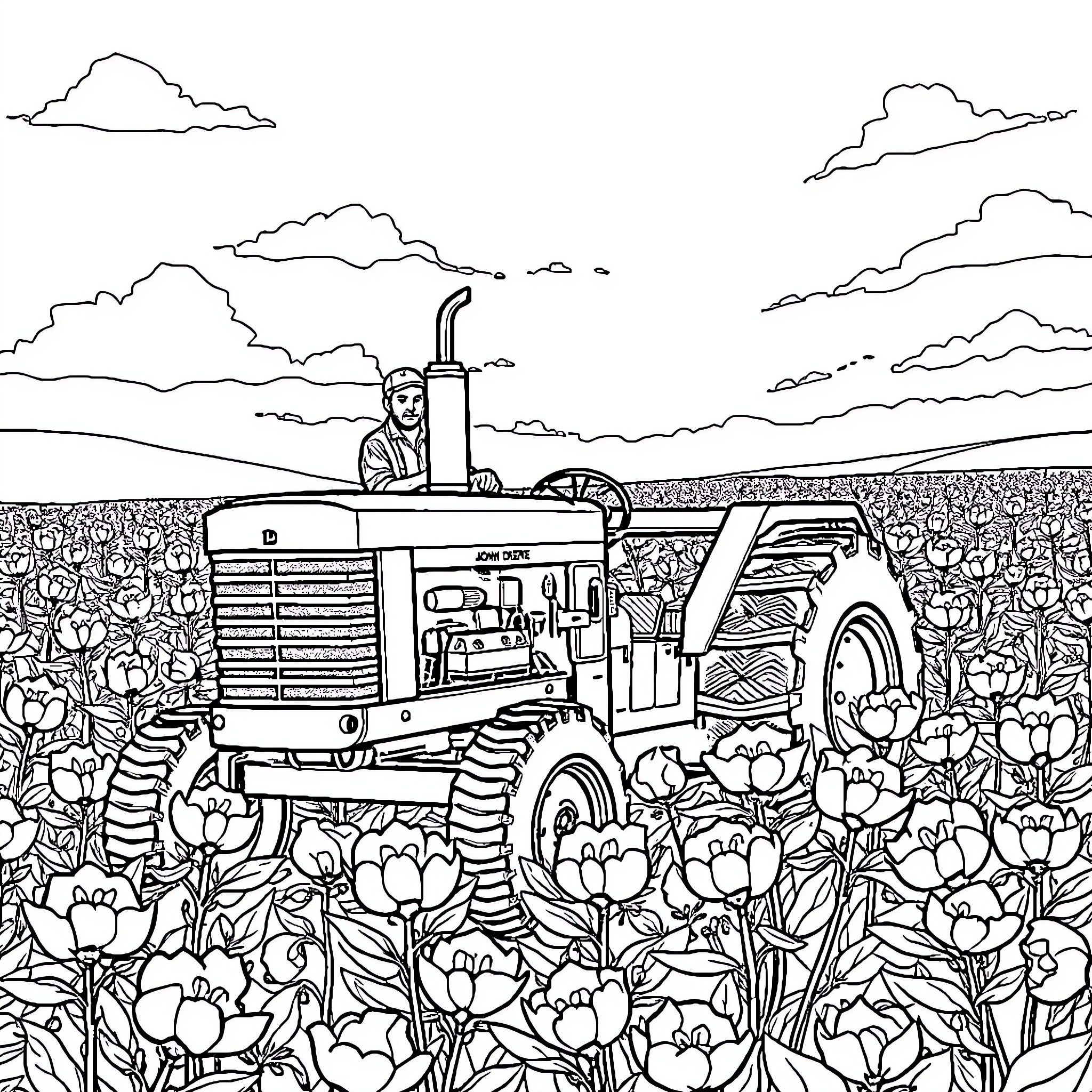 Cotton Picker Operating Machinery in Floral Field Coloring Page (free black-and-white line drawing printable PDF for all, from beginners to advanced learners, including children, teens, adults, and seniors)
