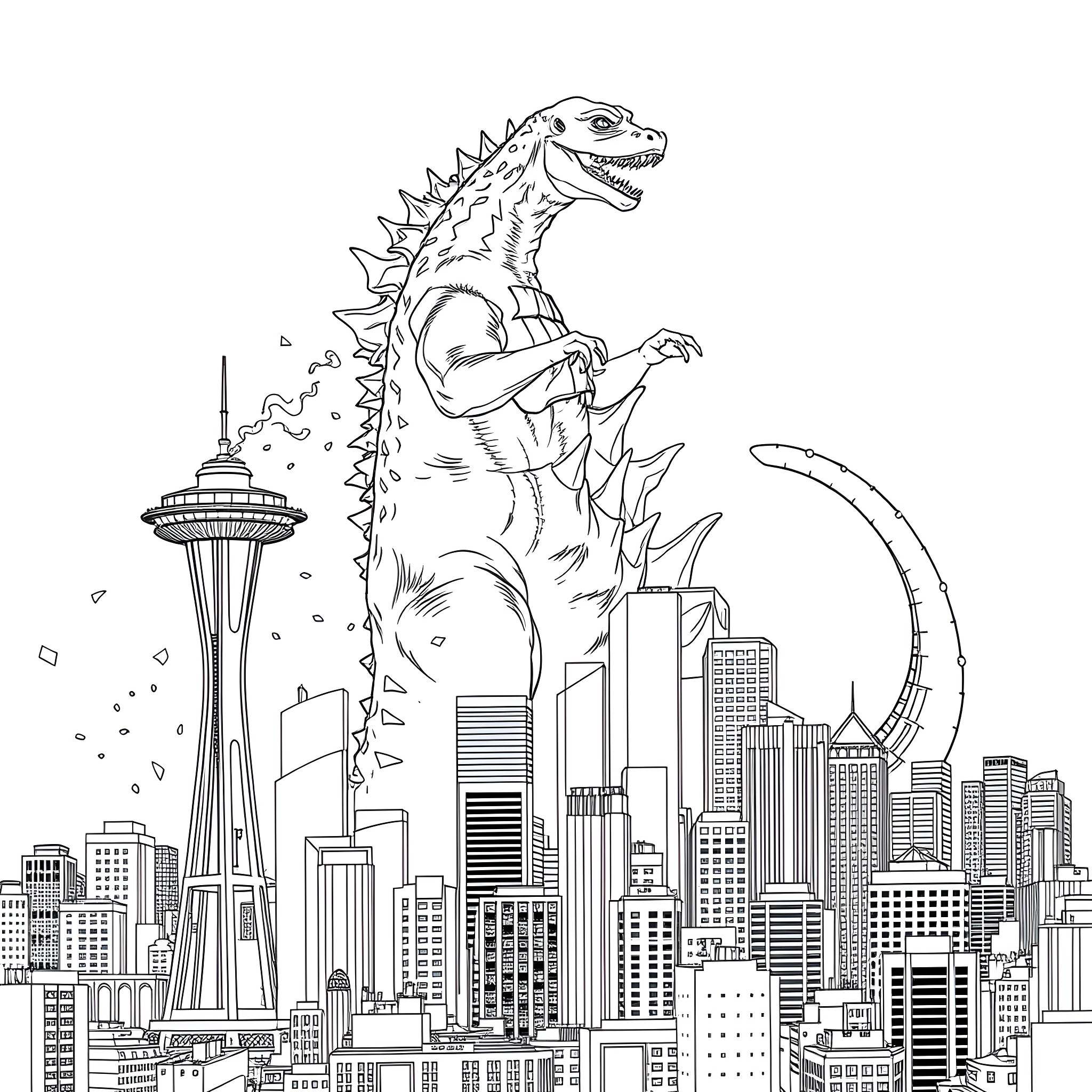Godzilla attacking the city skyline Coloring Page (free black-and-white line drawing printable PDF for all, from beginners to advanced learners, including children, teens, adults, and seniors)
