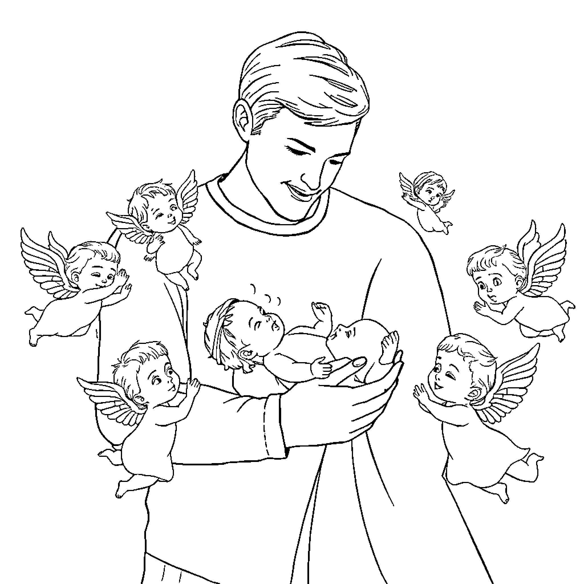 Angel surrounded by cherubs in a loving embrace Coloring Page (free black-and-white line drawing printable PDF for all, from beginners to advanced learners, including children, teens, adults, and seniors)
