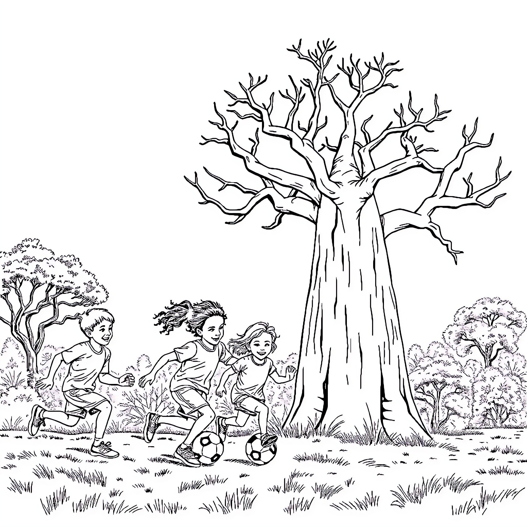 Kid Playing Soccer in Scenic Outdoor Setting Coloring Page (free black-and-white line drawing printable PDF for all, from beginners to advanced learners, including children, teens, adults, and seniors)