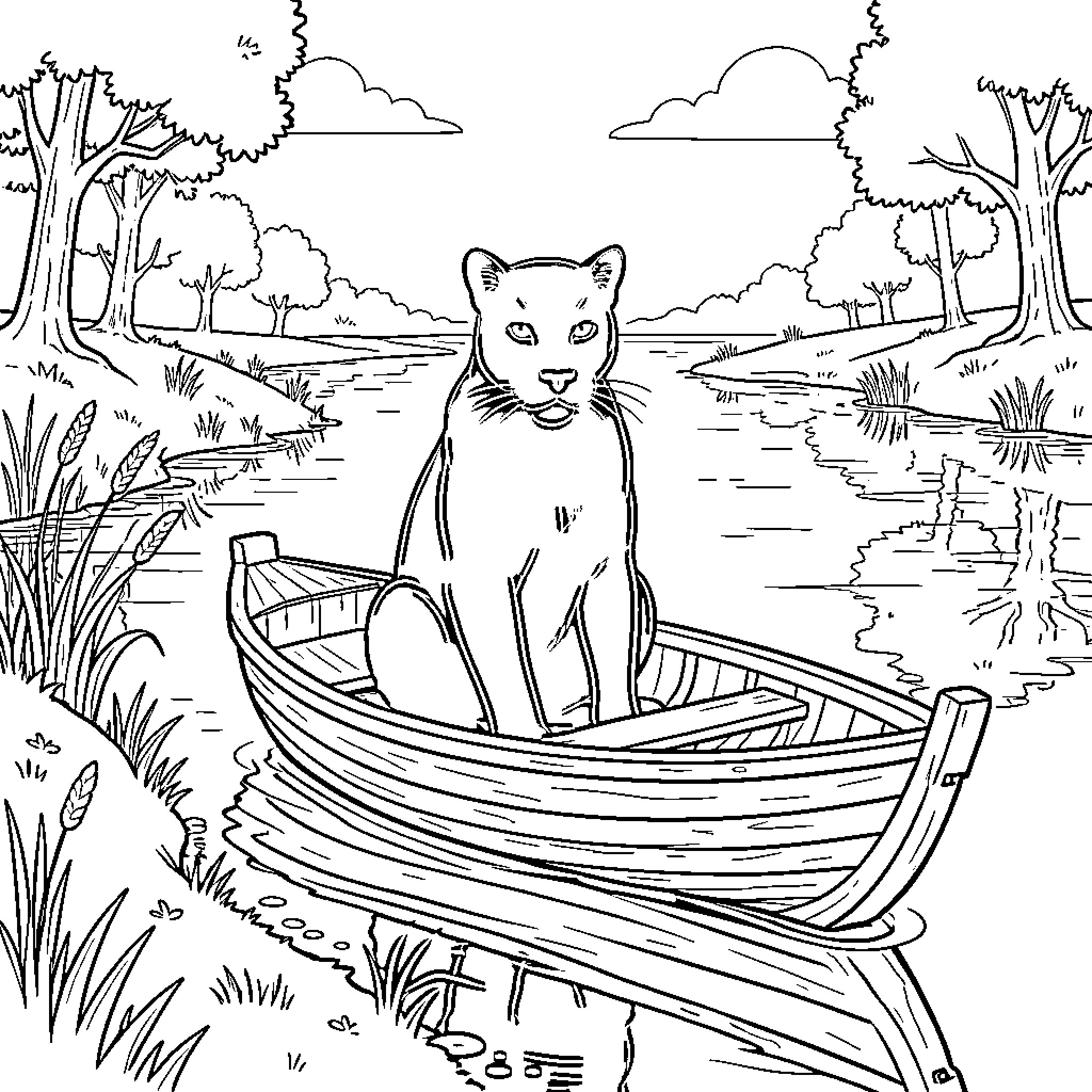 Panther sitting calmly in a small wooden boat Coloring Page (free black-and-white line drawing printable PDF for all, from beginners to advanced learners, including children, teens, adults, and seniors)