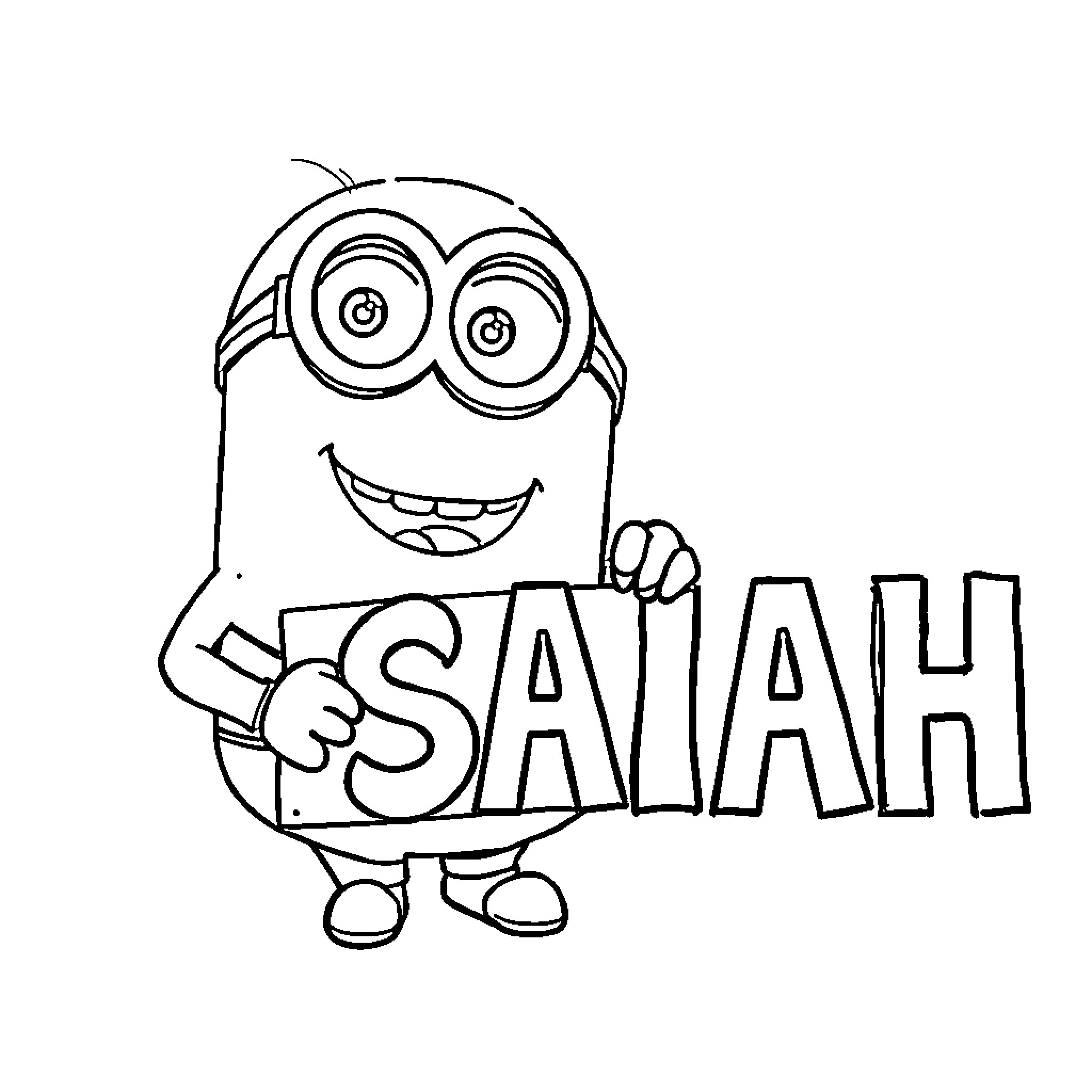 Minion holding 'SAIAH' sign cheerfully Coloring Page (free black-and-white line drawing printable PDF for all, from beginners to advanced learners, including children, teens, adults, and seniors)