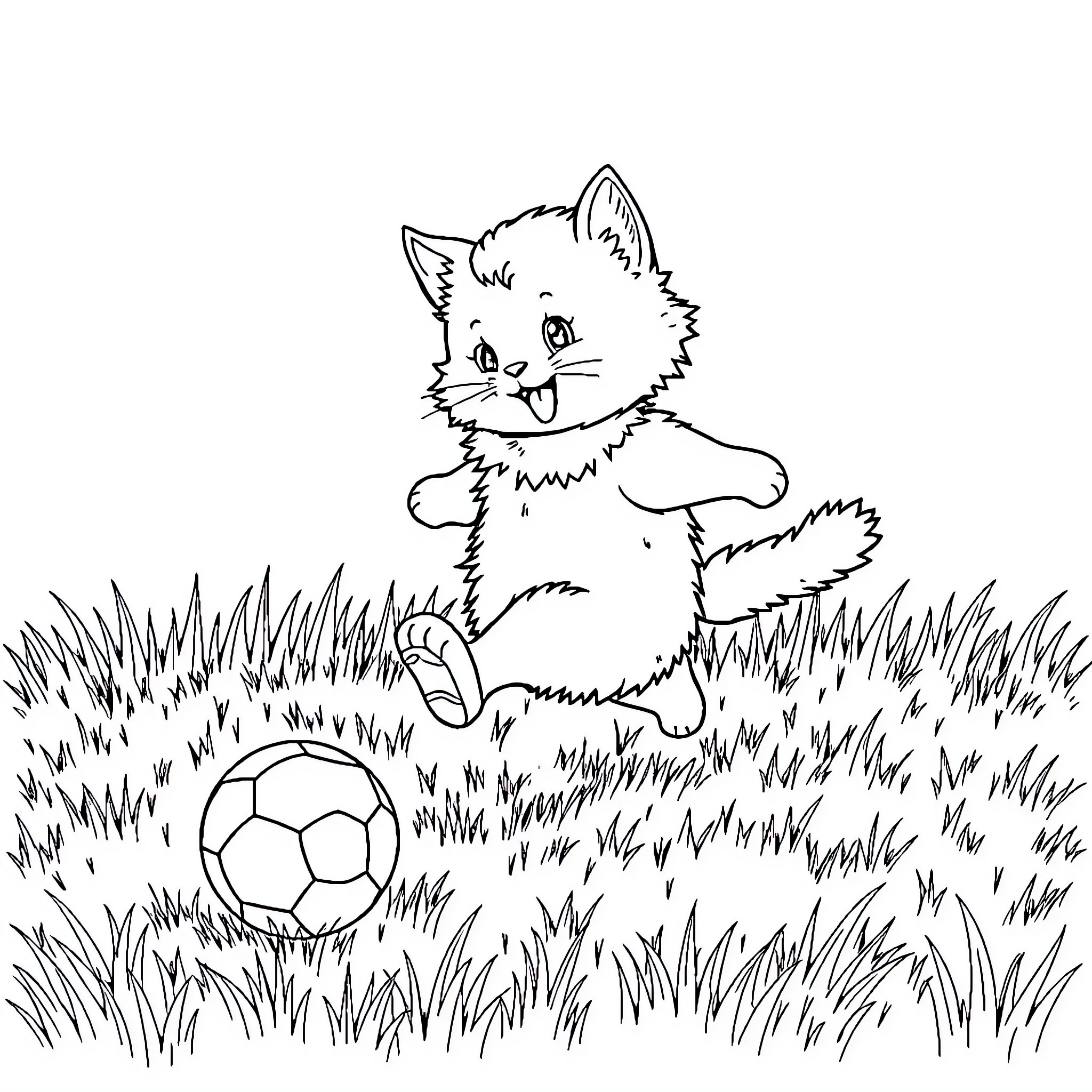 Cat playing with soccer ball in the grass Coloring Page (free black-and-white line drawing printable PDF for all, from beginners to advanced learners, including children, teens, adults, and seniors)