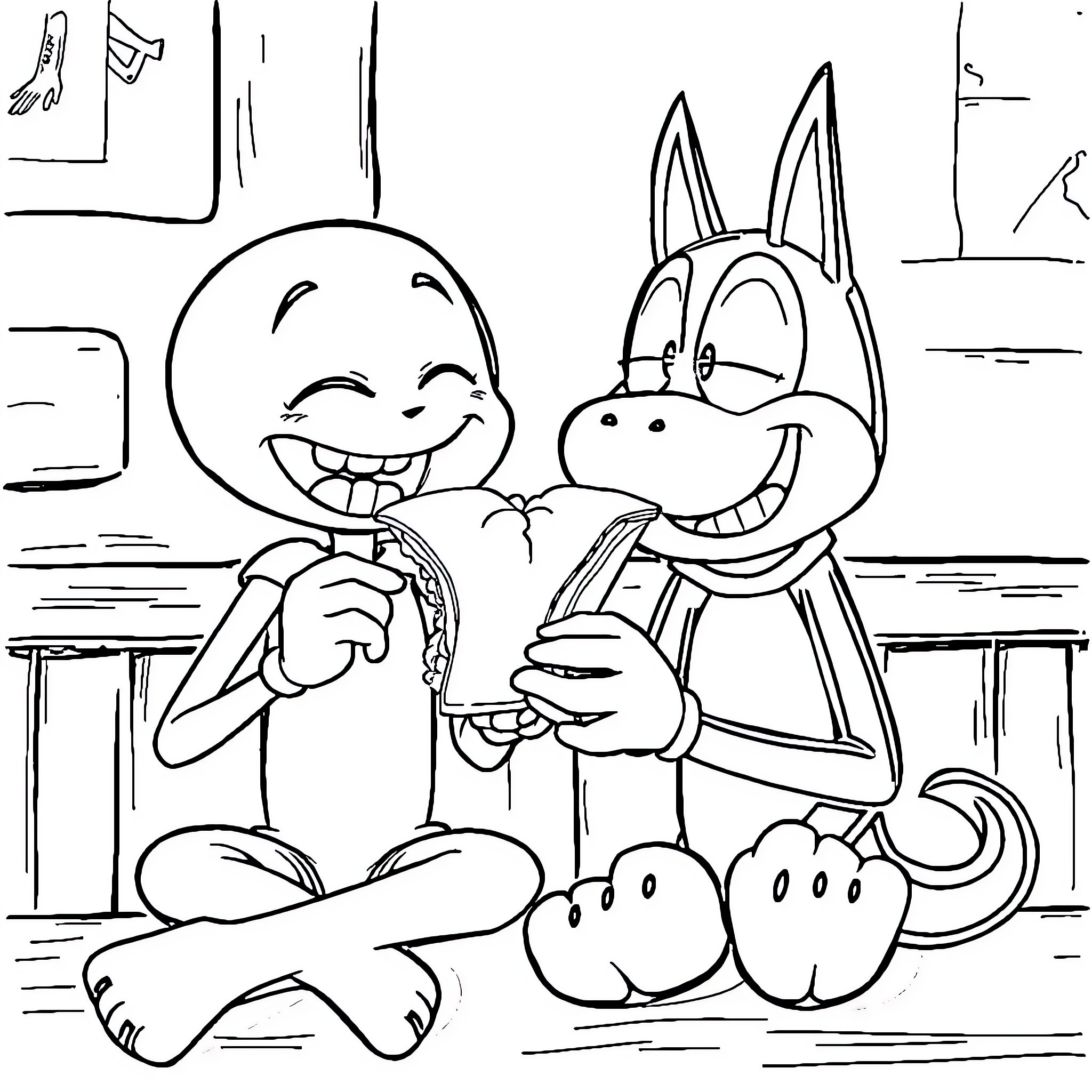 Bendy characters laughing and playing together Coloring Page (free black-and-white line drawing printable PDF for all, from beginners to advanced learners, including children, teens, adults, and seniors)