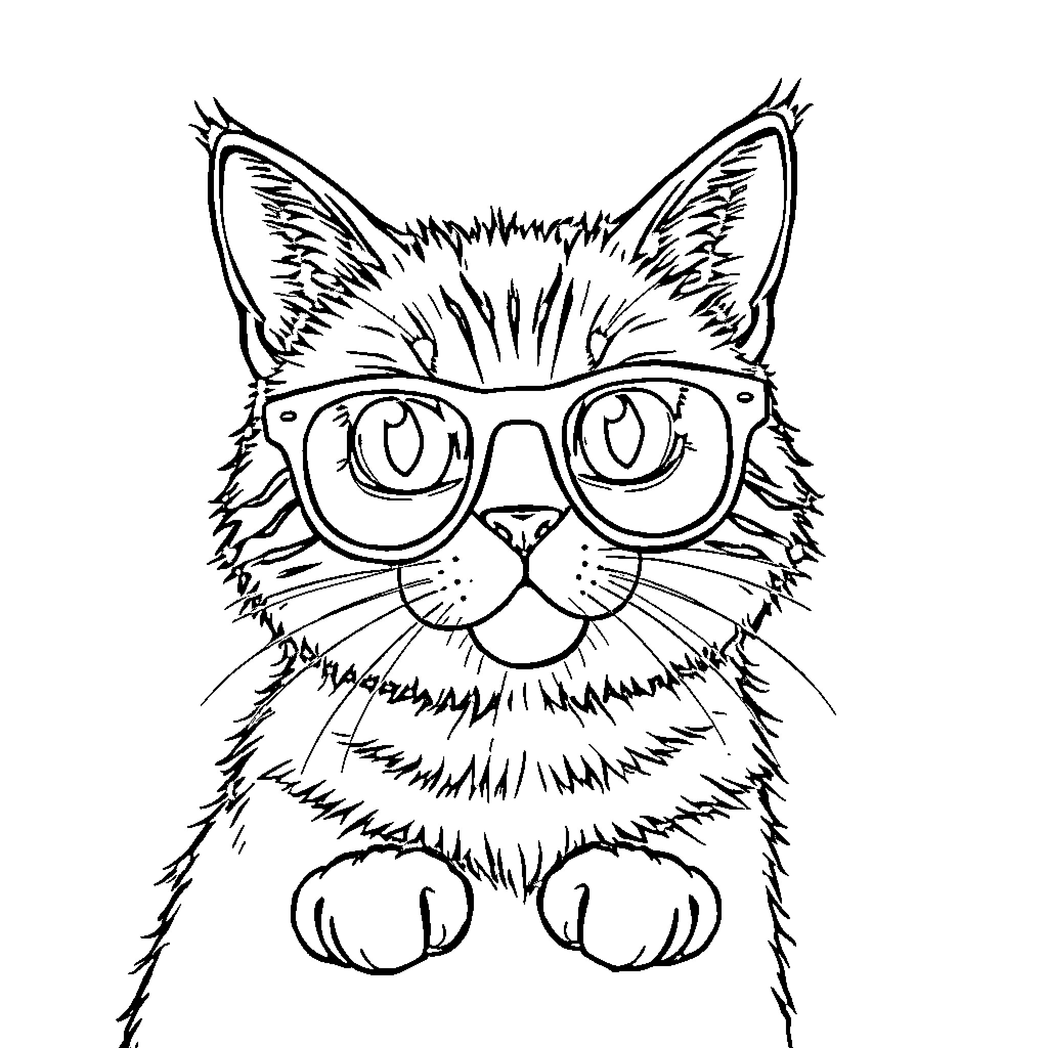 Cat wearing glasses in a cartoon style Coloring Page (free black-and-white line drawing printable PDF for all, from beginners to advanced learners, including children, teens, adults, and seniors)