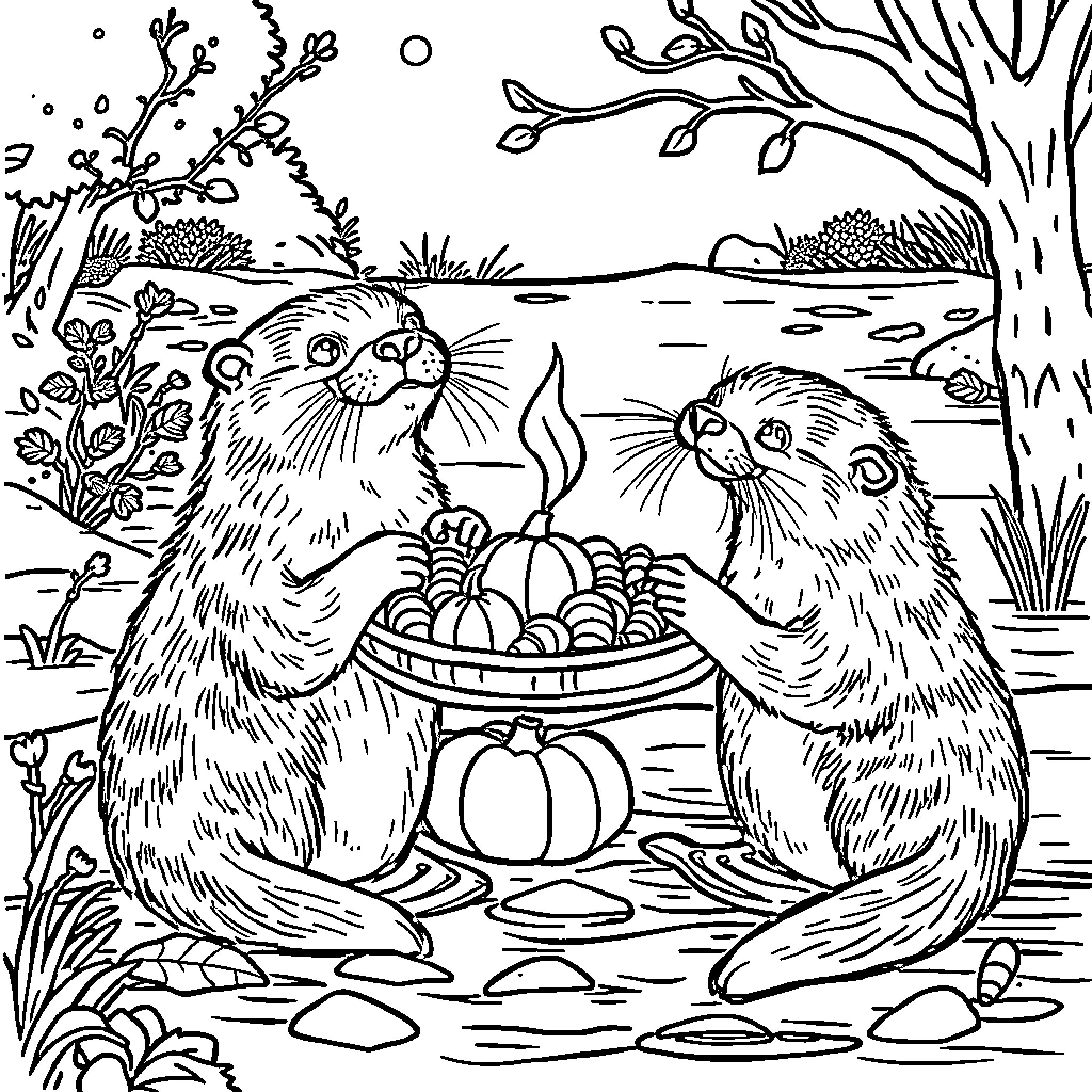 Otter sharing autumn harvest with companion Coloring Page (free black-and-white line drawing printable PDF for all, from beginners to advanced learners, including children, teens, adults, and seniors)