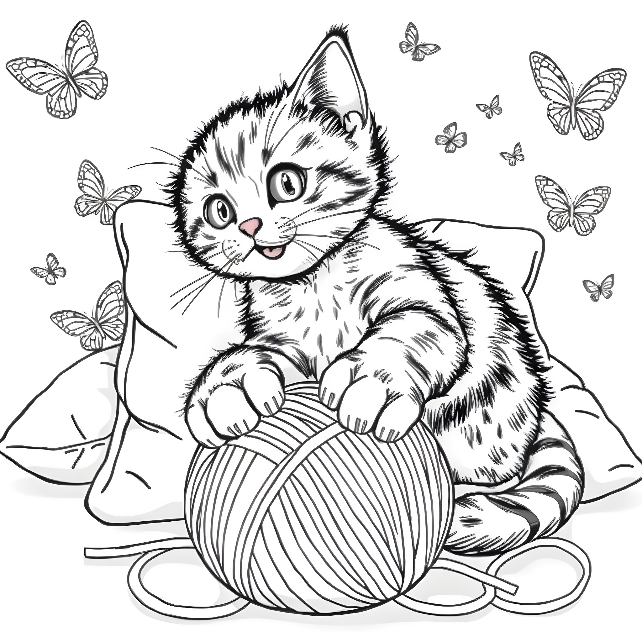 Cat playing with yarn and butterflies Coloring Page (free black-and-white line drawing printable PDF for all, from beginners to advanced learners, including children, teens, adults, and seniors)