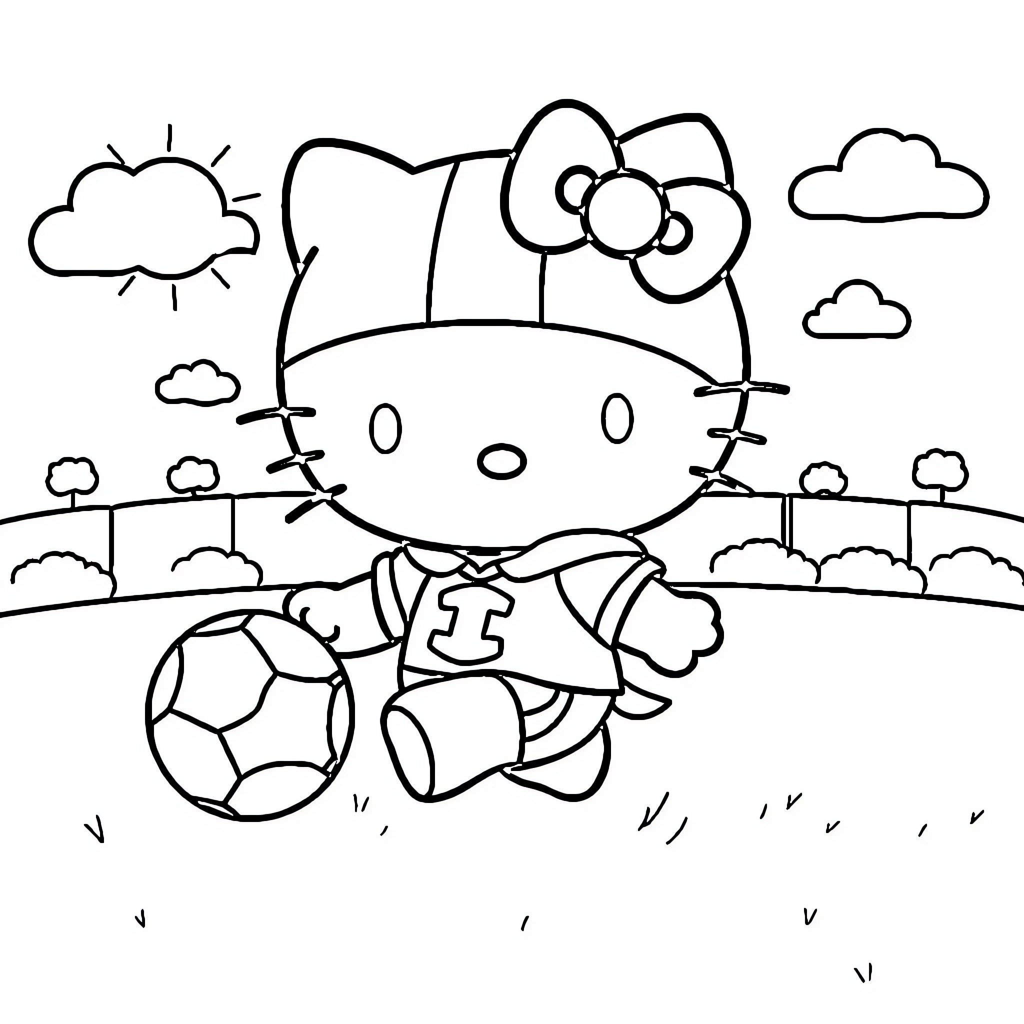 Hello Kitty playing with a soccer ball in the park Coloring Page (free black-and-white line drawing printable PDF for all, from beginners to advanced learners, including children, teens, adults, and seniors)
