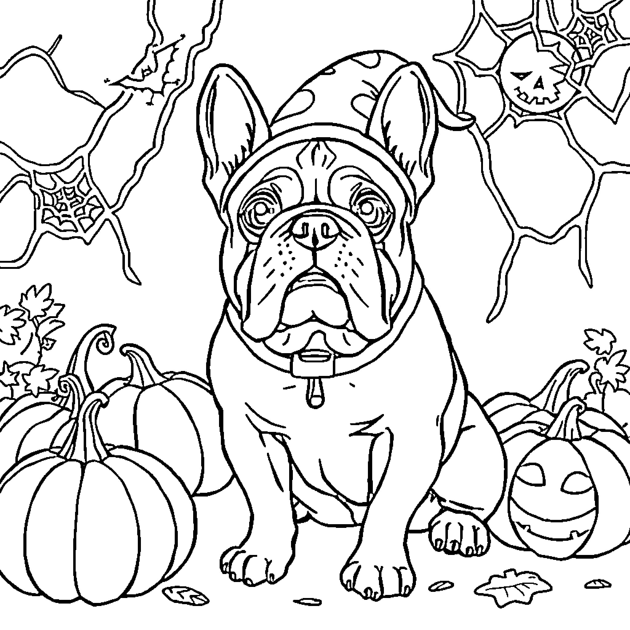Bulldog enjoying Halloween decorations Coloring Page (free black-and-white line drawing printable PDF for all, from beginners to advanced learners, including children, teens, adults, and seniors)