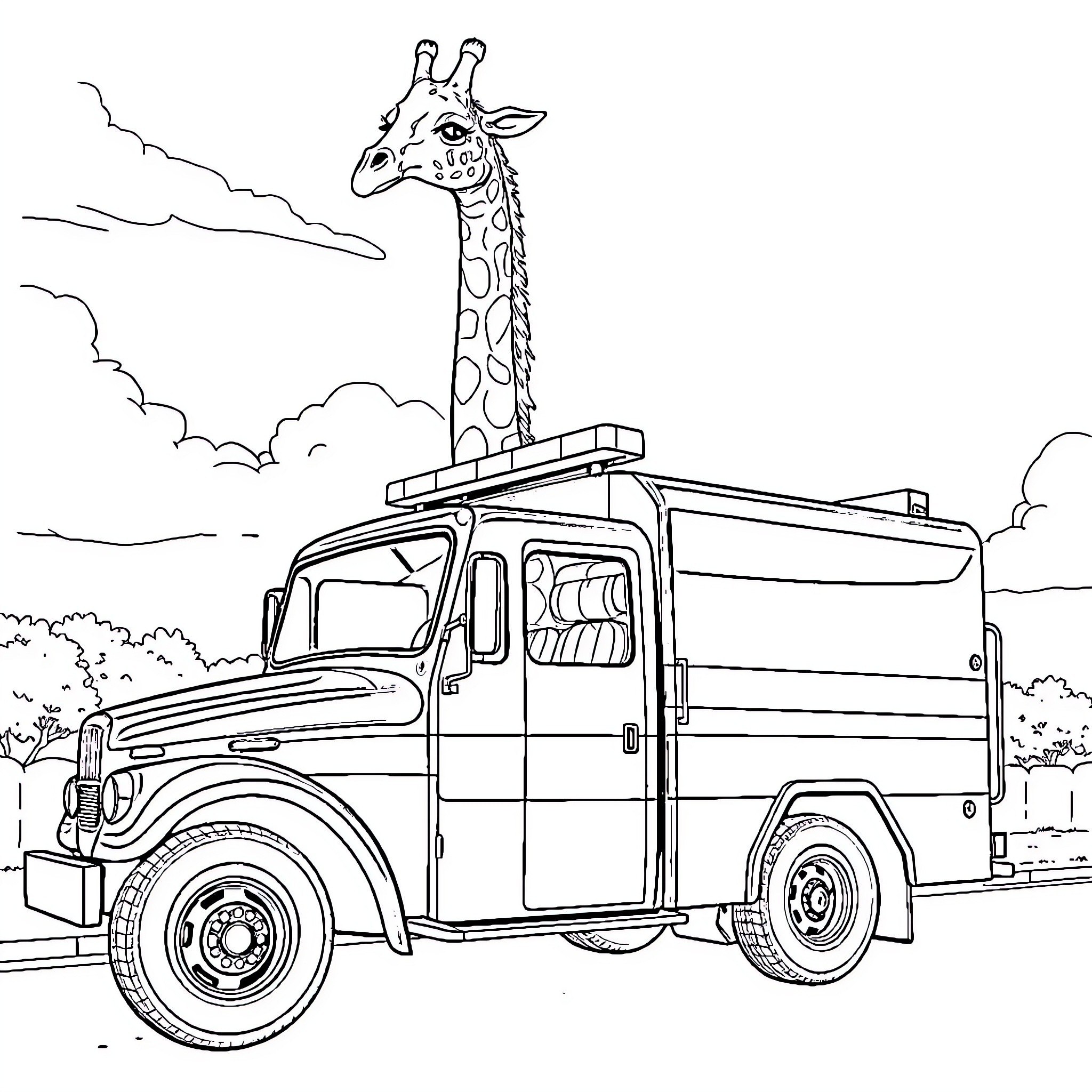 Giraffe riding a safari truck in the wilderness Coloring Page (free black-and-white line drawing printable PDF for all, from beginners to advanced learners, including children, teens, adults, and seniors)