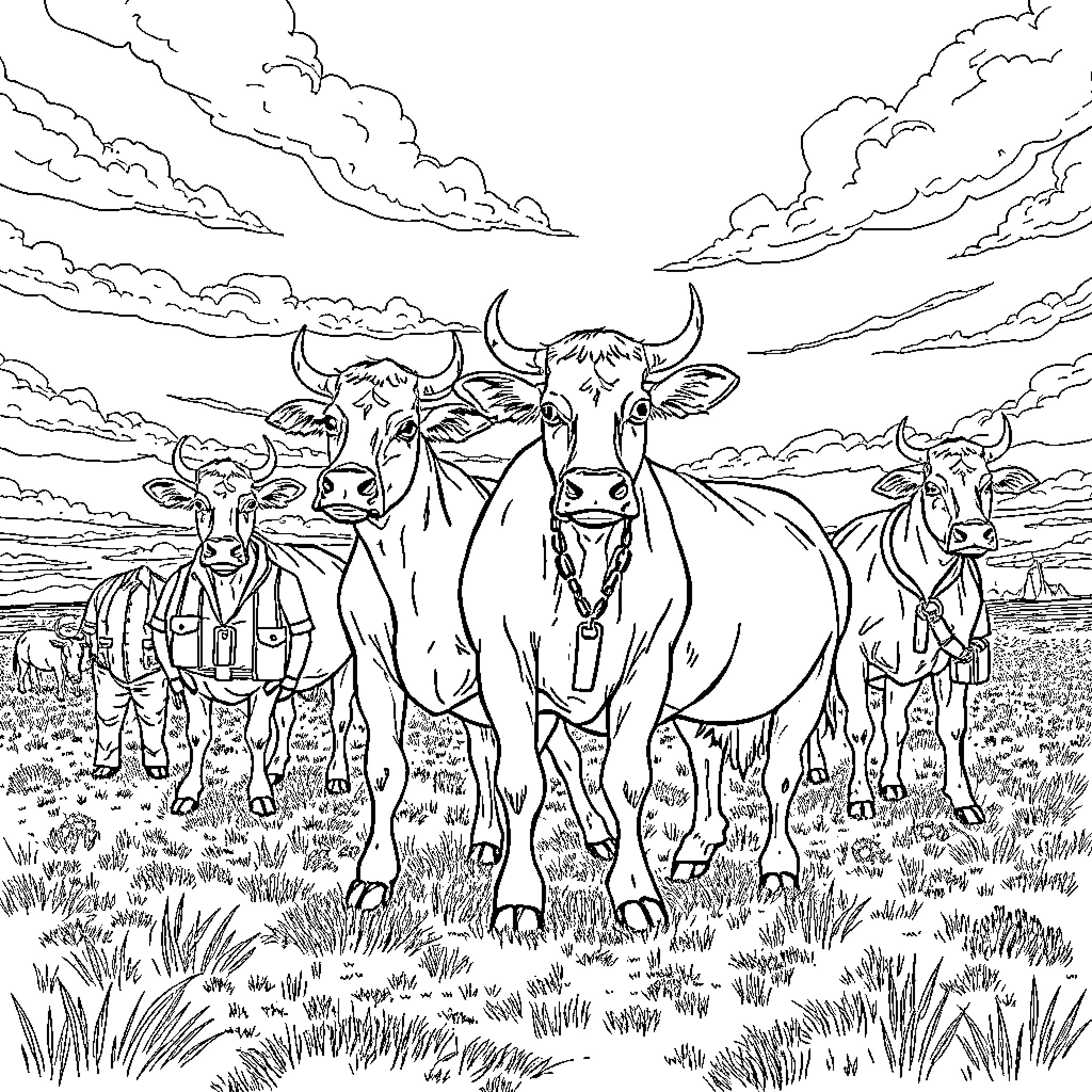 Cows grazing peacefully in the meadow Coloring Page (free black-and-white line drawing printable PDF for all, from beginners to advanced learners, including children, teens, adults, and seniors)
