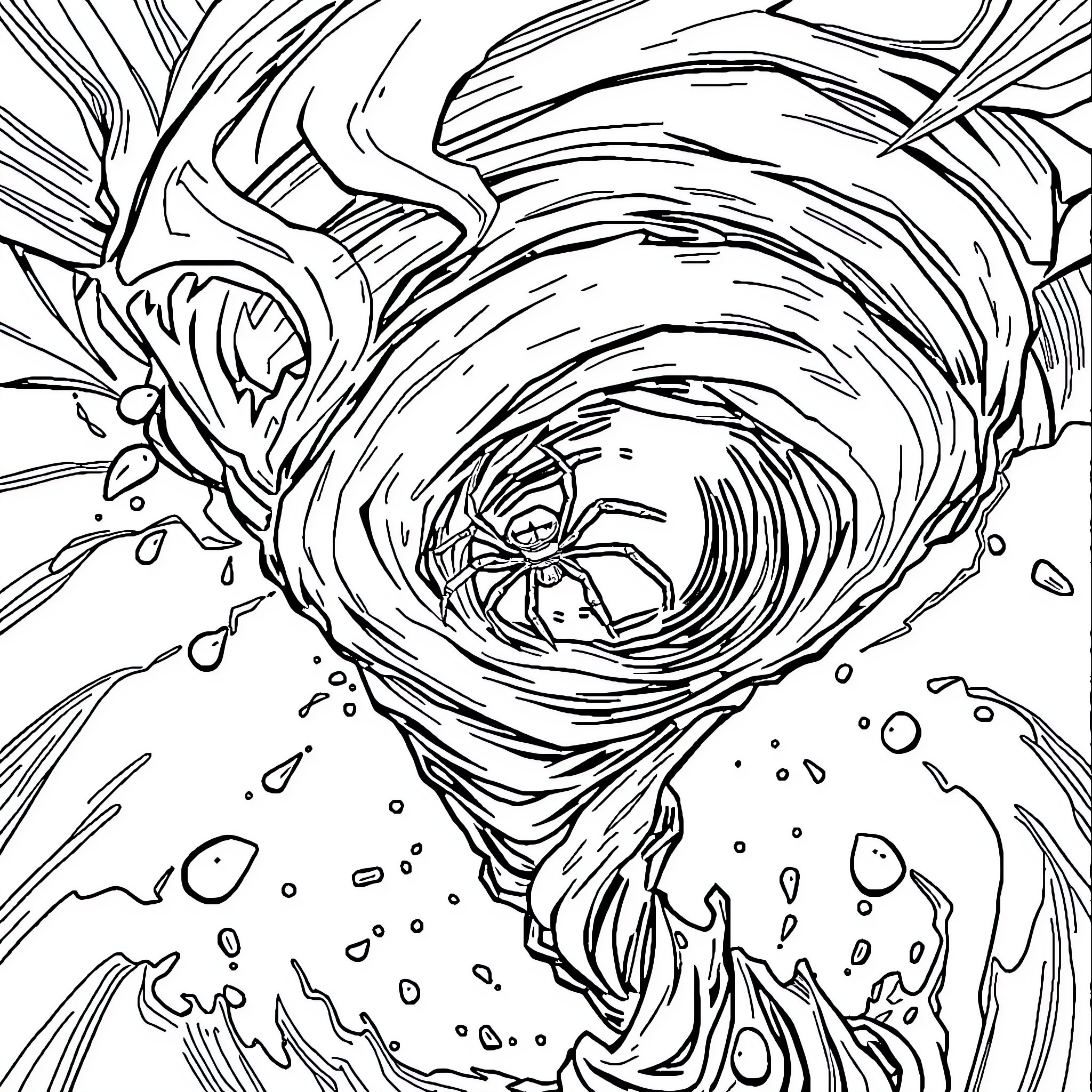 Spider spinning a swirling web in a stormy scene Coloring Page (free black-and-white line drawing printable PDF for all, from beginners to advanced learners, including children, teens, adults, and seniors)