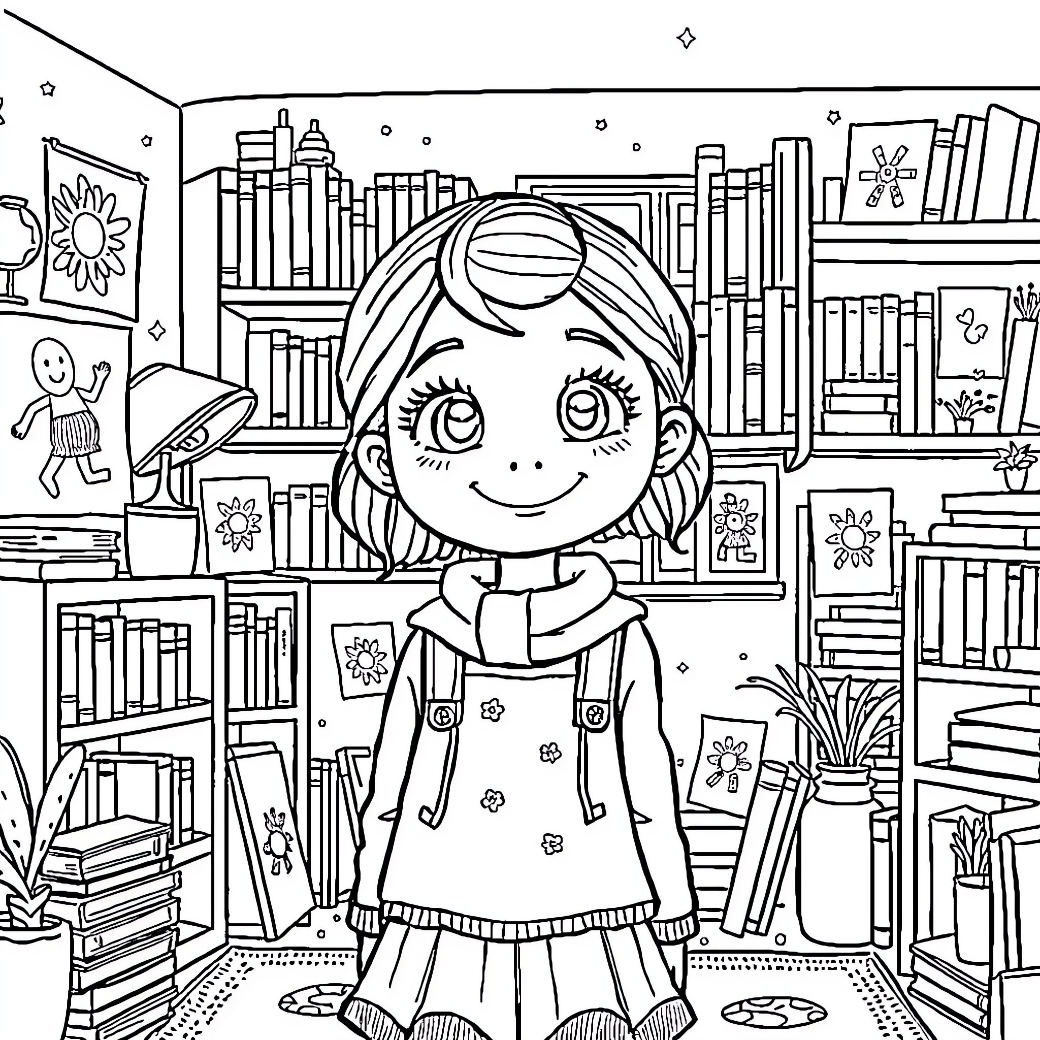 Léna's Enchanting Library Adventure Coloring Page (free black-and-white line drawing printable PDF for all, from beginners to advanced learners, including children, teens, adults, and seniors)