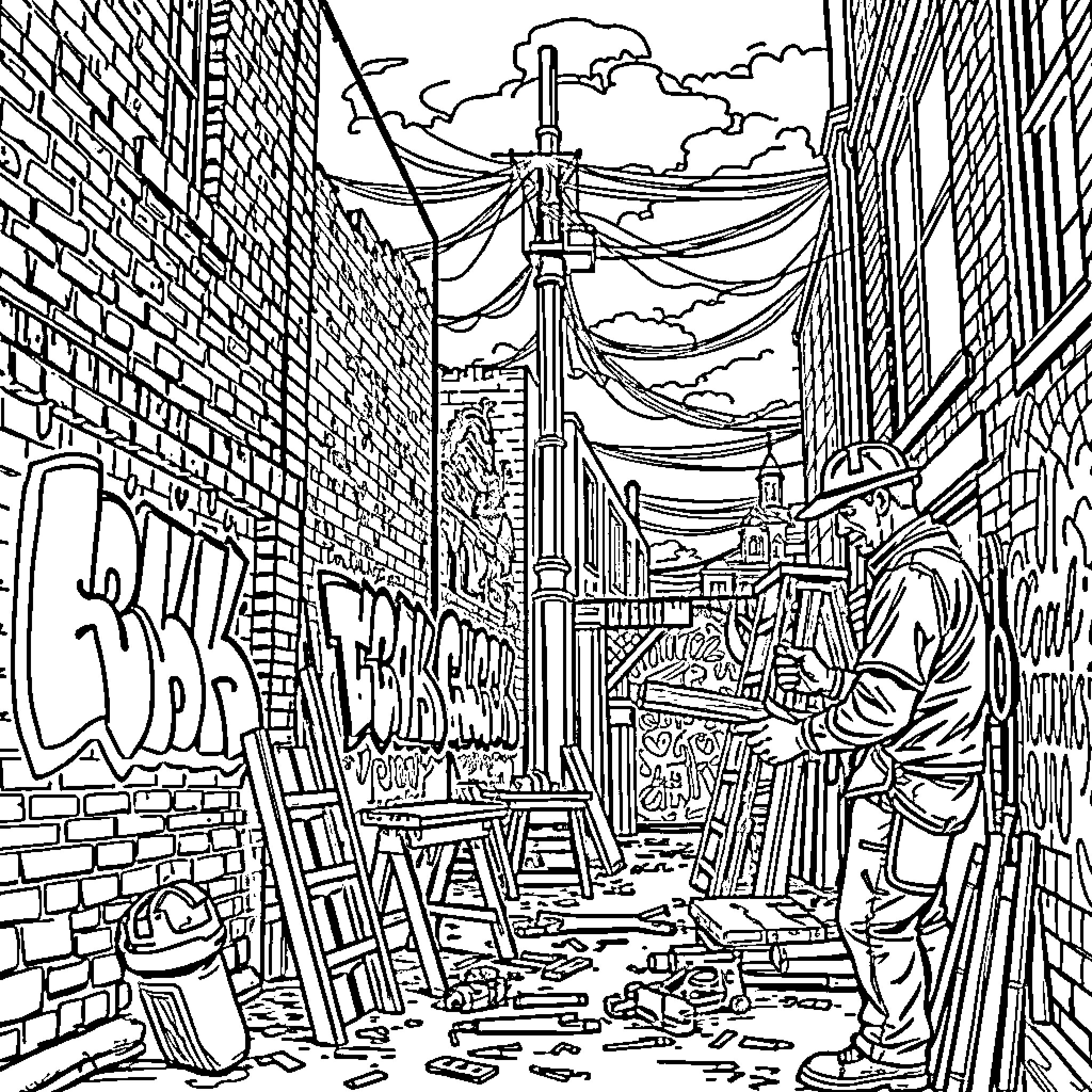 Carpenter working in a cluttered urban alley Coloring Page (free black-and-white line drawing printable PDF for all, from beginners to advanced learners, including children, teens, adults, and seniors)