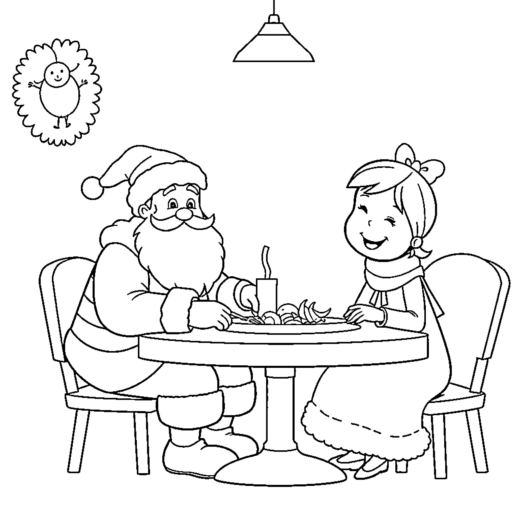 Santa Claus enjoying a meal with a girl Coloring Page (free black-and-white line drawing printable PDF for all, from beginners to advanced learners, including children, teens, adults, and seniors)