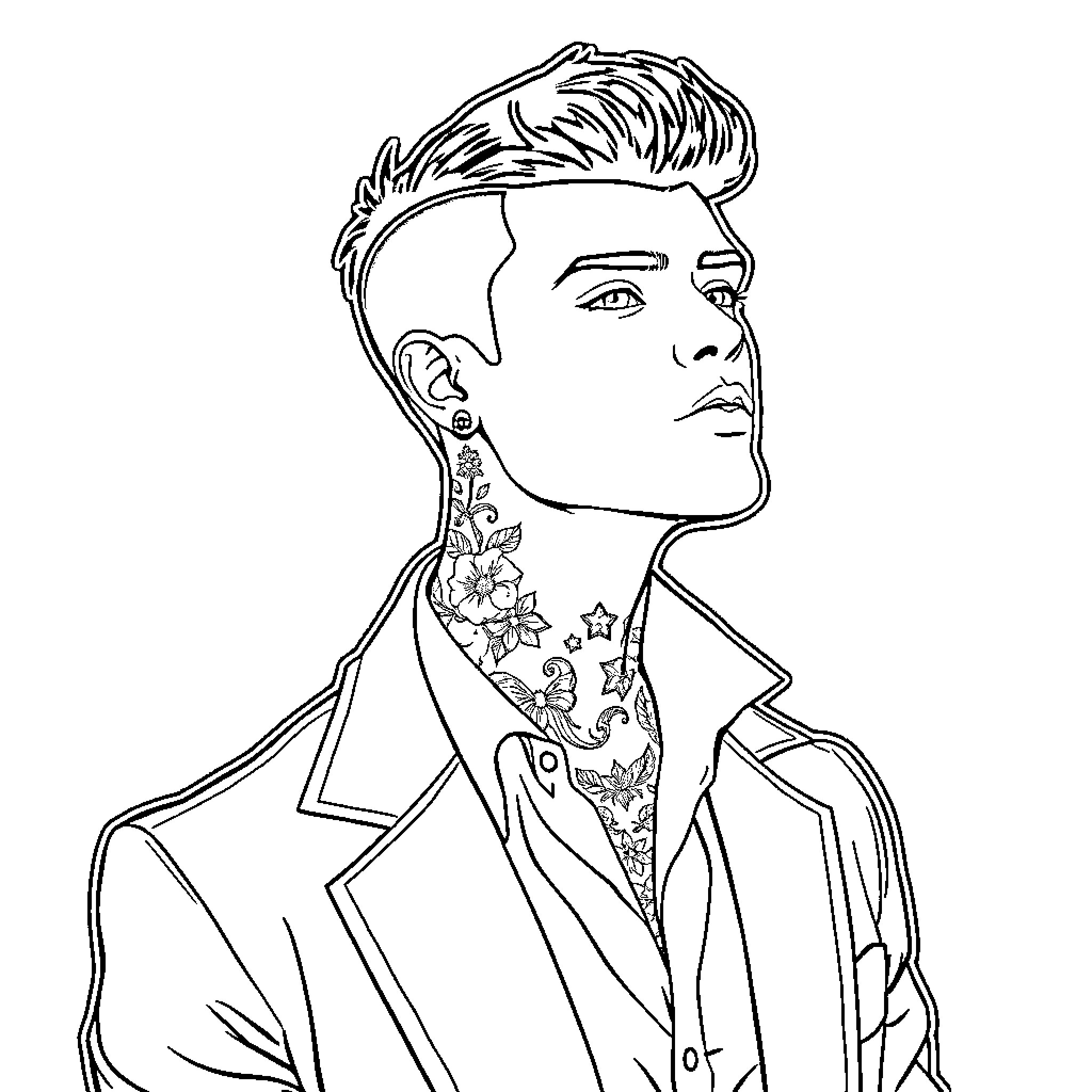 Man with tattoos and formal attire Coloring Page (free black-and-white line drawing printable PDF for all, from beginners to advanced learners, including children, teens, adults, and seniors)