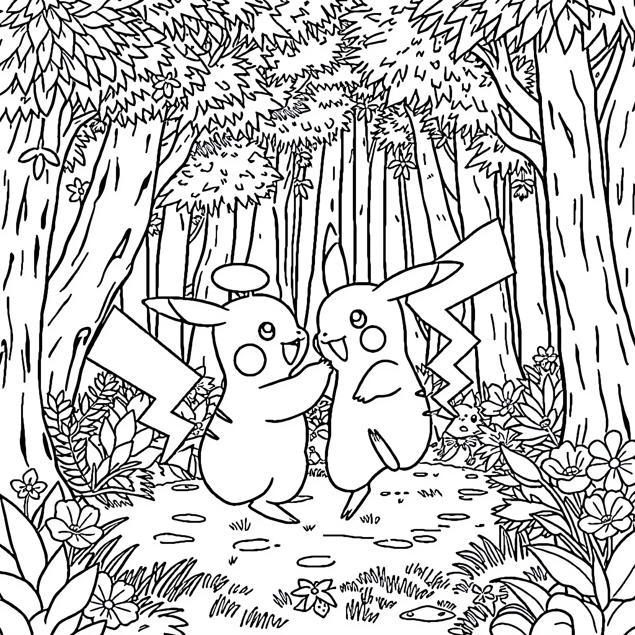 Pikachu exploring the enchanted forest Coloring Page (free black-and-white line drawing printable PDF for all, from beginners to advanced learners, including children, teens, adults, and seniors)