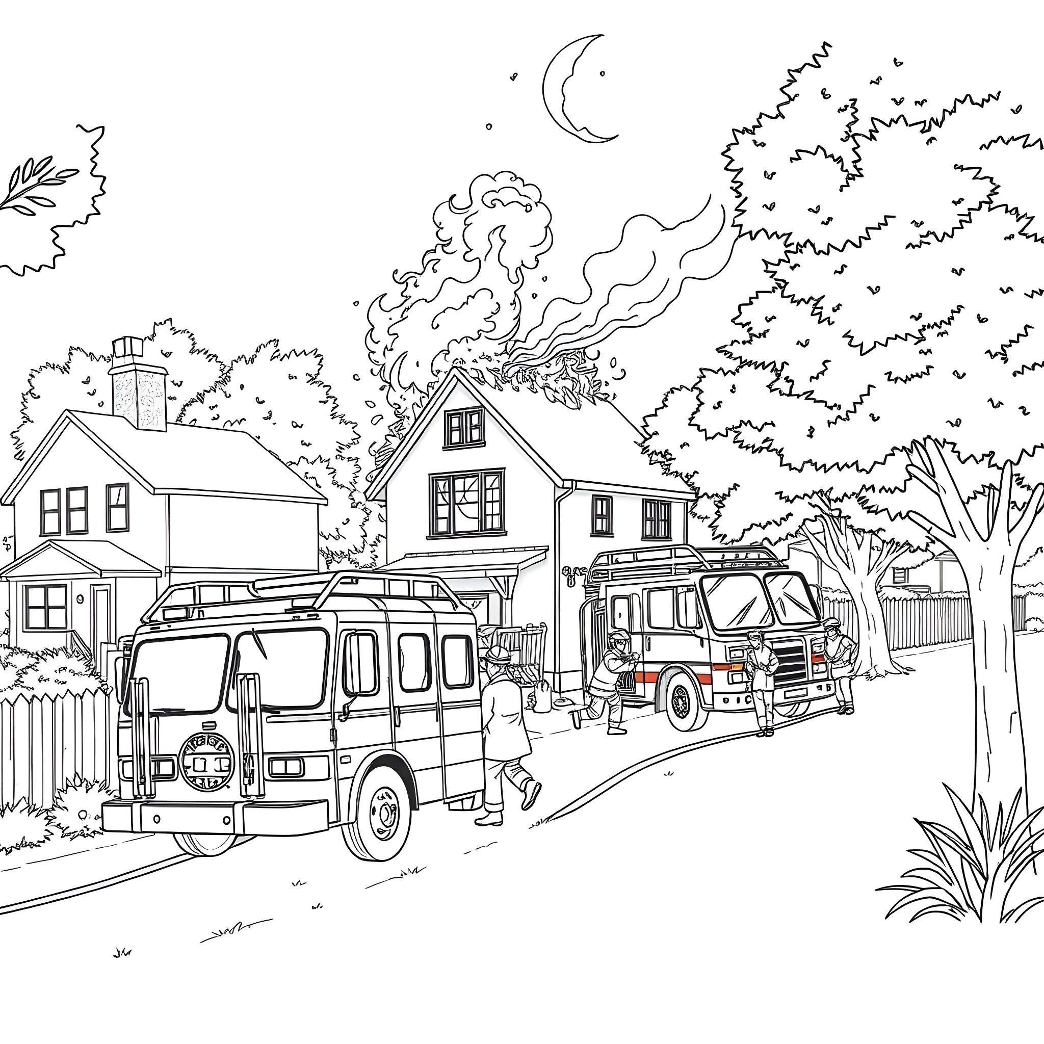 Fire Engine Responding to Emergency Call at Night Coloring Page (free black-and-white line drawing printable PDF for all, from beginners to advanced learners, including children, teens, adults, and seniors)