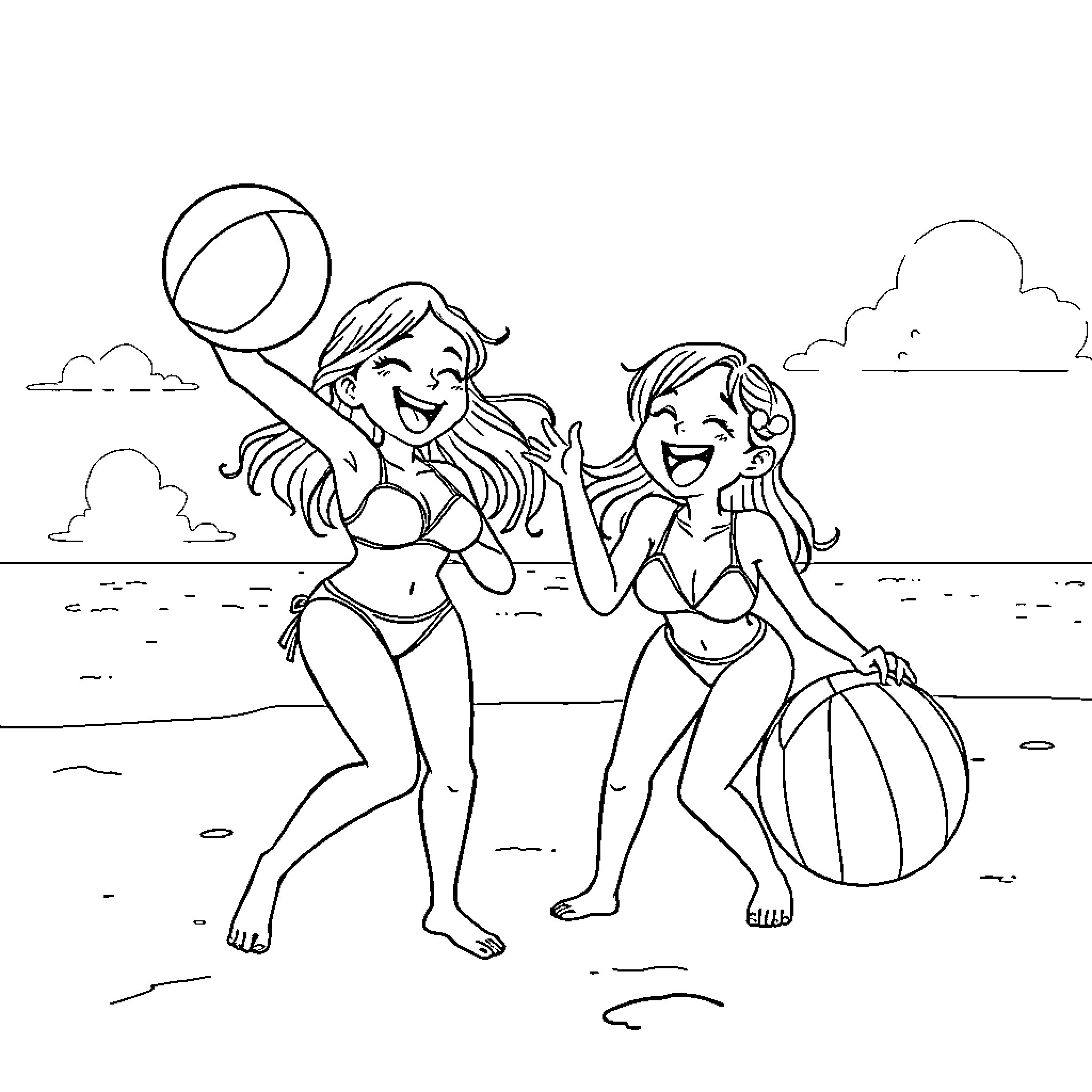 Rinoa and friends playing on the beach Coloring Page (free black-and-white line drawing printable PDF for all, from beginners to advanced learners, including children, teens, adults, and seniors)