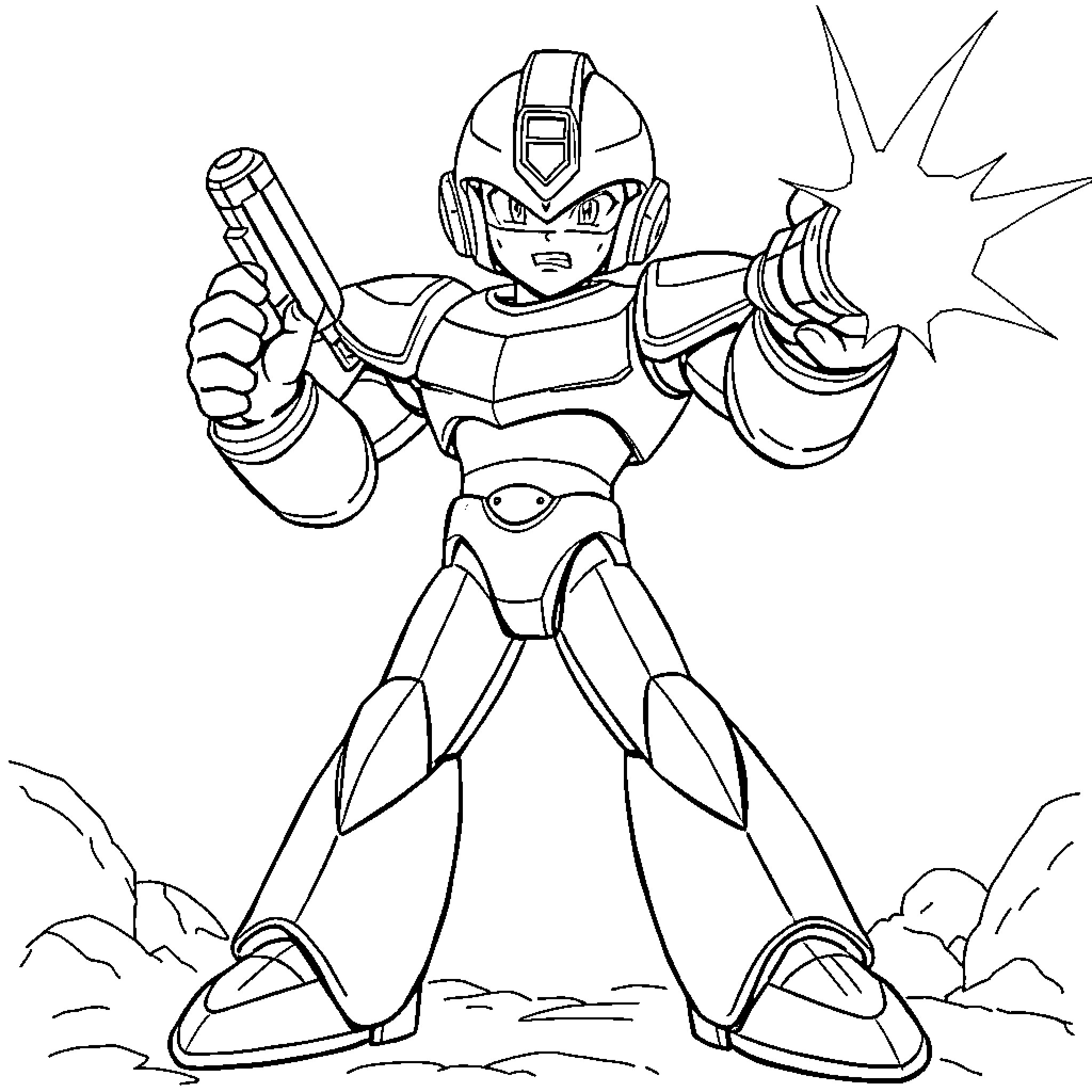 Megaman Heroically Wielding Blaster in Outdoor Setting Coloring Page (free black-and-white line drawing printable PDF for all, from beginners to advanced learners, including children, teens, adults, and seniors)