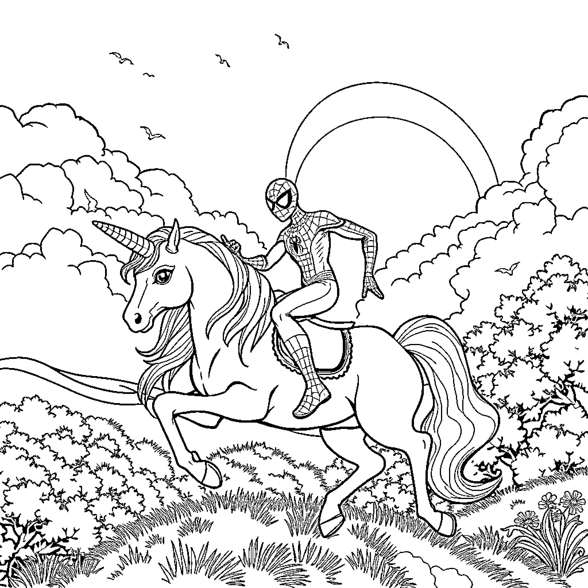 Spiderman riding a magical unicorn in a fantasy landscape Coloring Page (free black-and-white line drawing printable PDF for all, from beginners to advanced learners, including children, teens, adults, and seniors)