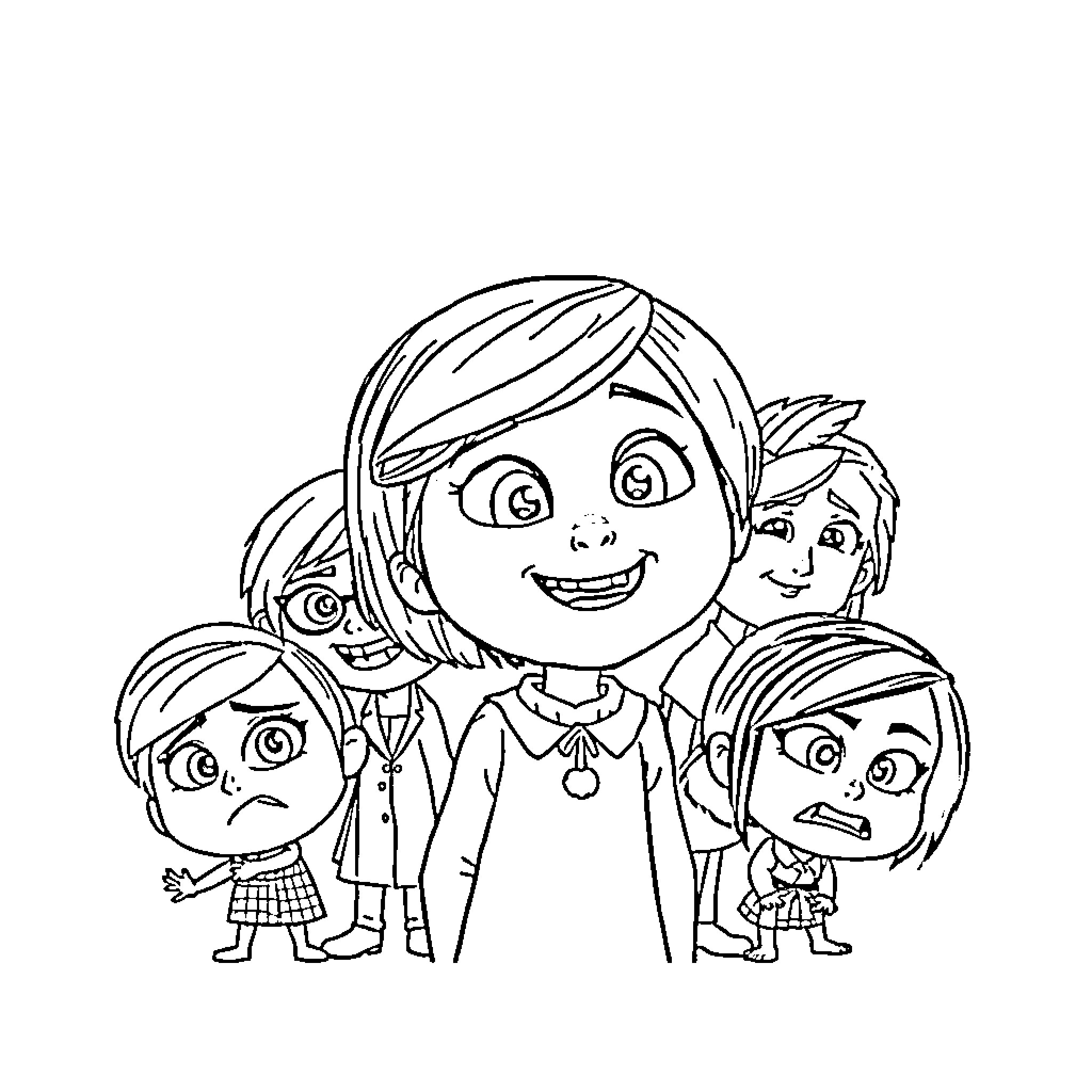 Riley's happy family portrait Coloring Page (free black-and-white line drawing printable PDF for all, from beginners to advanced learners, including children, teens, adults, and seniors)