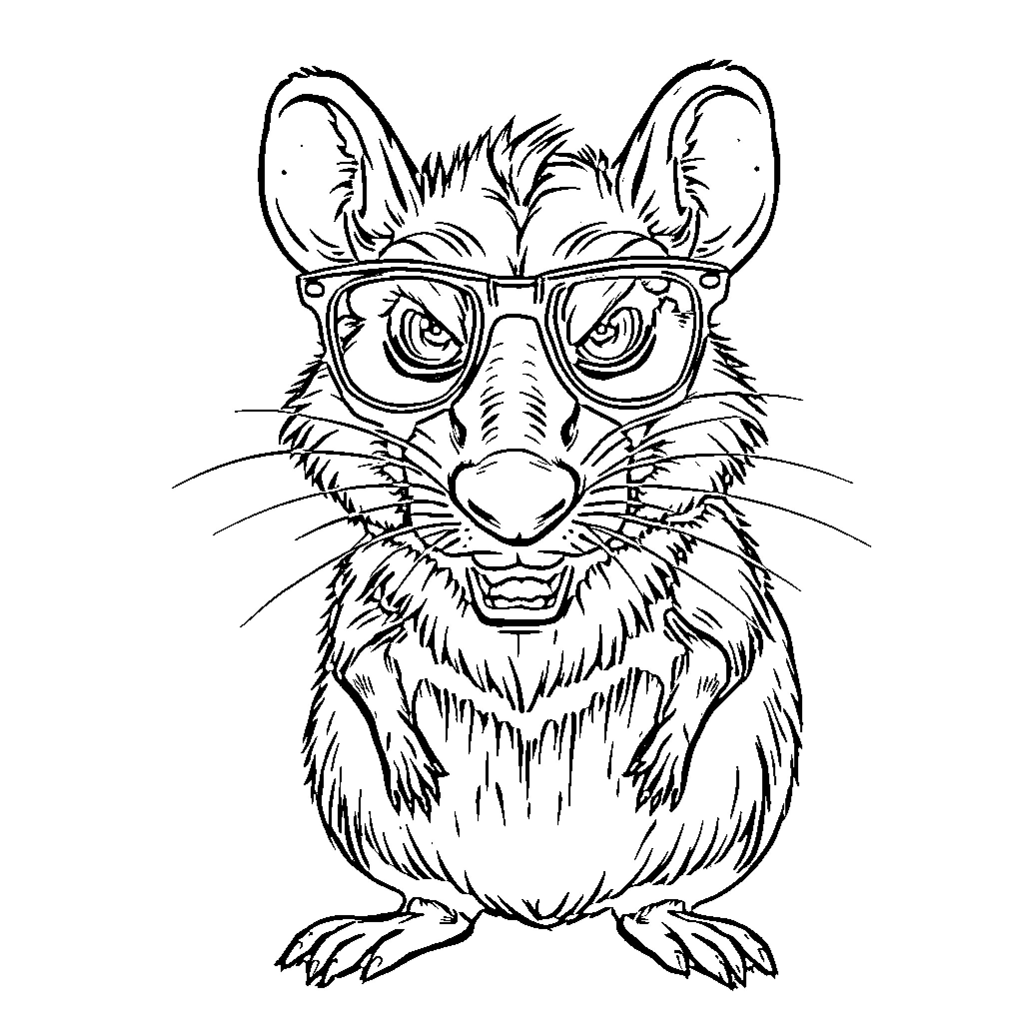 Rat wearing glasses and looking inquisitive Coloring Page (free black-and-white line drawing printable PDF for all, from beginners to advanced learners, including children, teens, adults, and seniors)