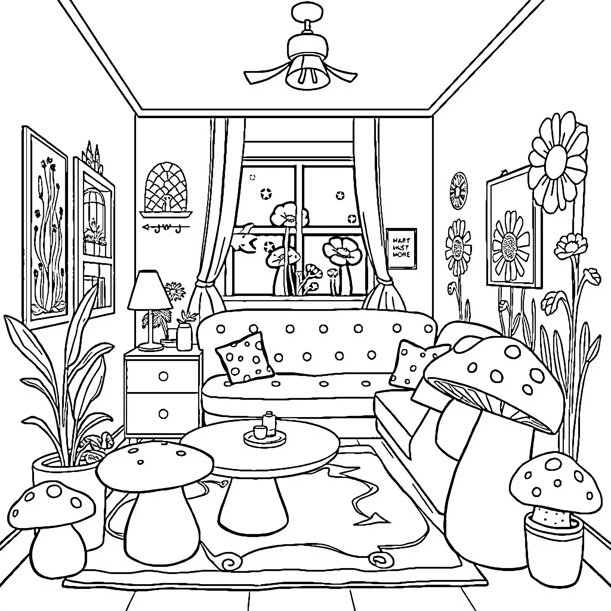 Mushroom-themed cozy indoor scene Coloring Page (free black-and-white line drawing printable PDF for all, from beginners to advanced learners, including children, teens, adults, and seniors)